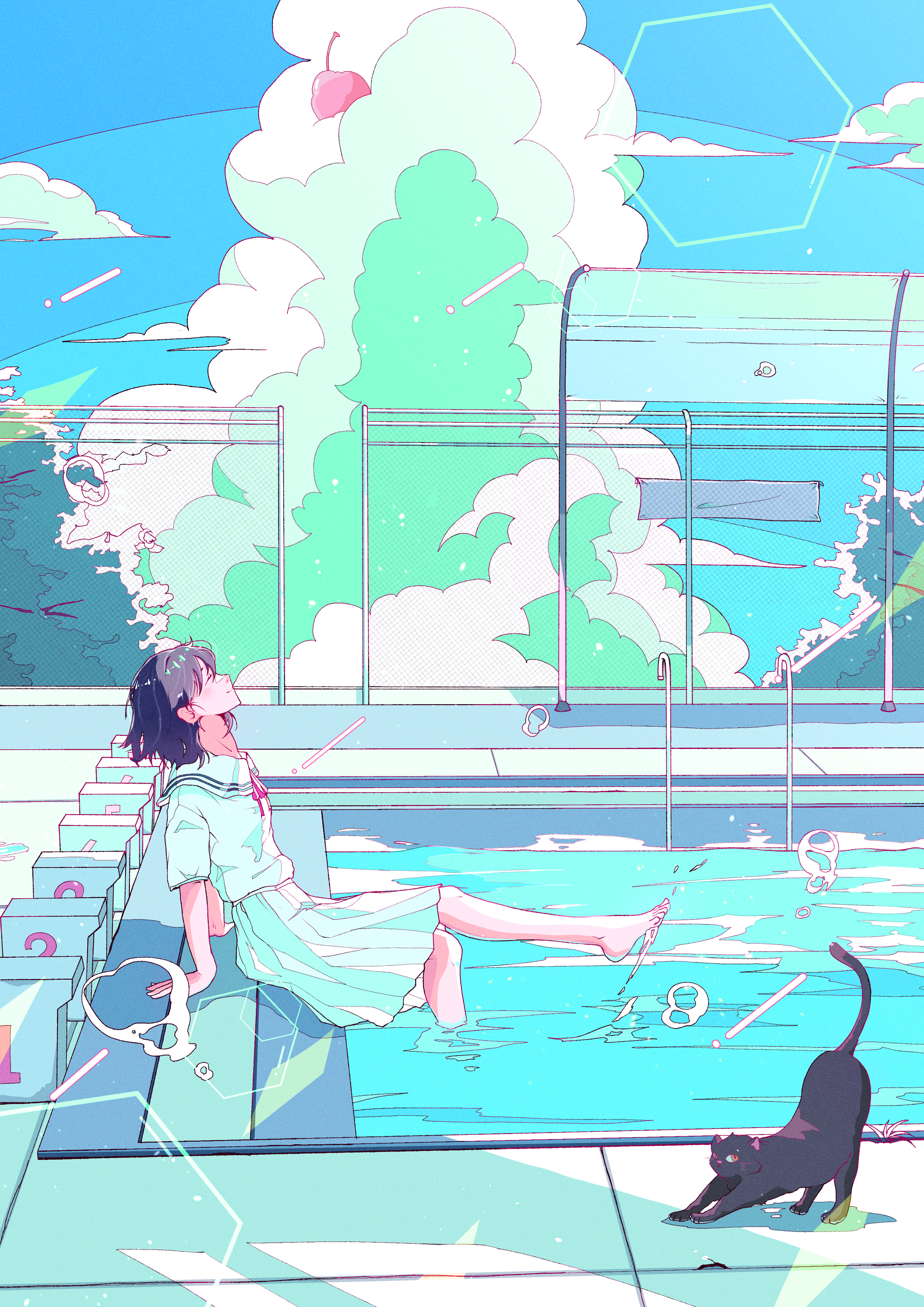 yasi irasuto, original, absurdres, commentary request, highres, 1girl, animal, arm support, barefoot, black cat, black hair, cat, cloud, cloudy sky, day, feet, looking up, medium hair, outdoors, pleated skirt, pool, pool ladder, poolside, red ribbon, ribbon, sailor collar, scenery, school uniform, serafuku, shirt, sitting, skirt, sky, solo, splashing, toes, water, white sailor collar, white serafuku, white shirt, white skirt
