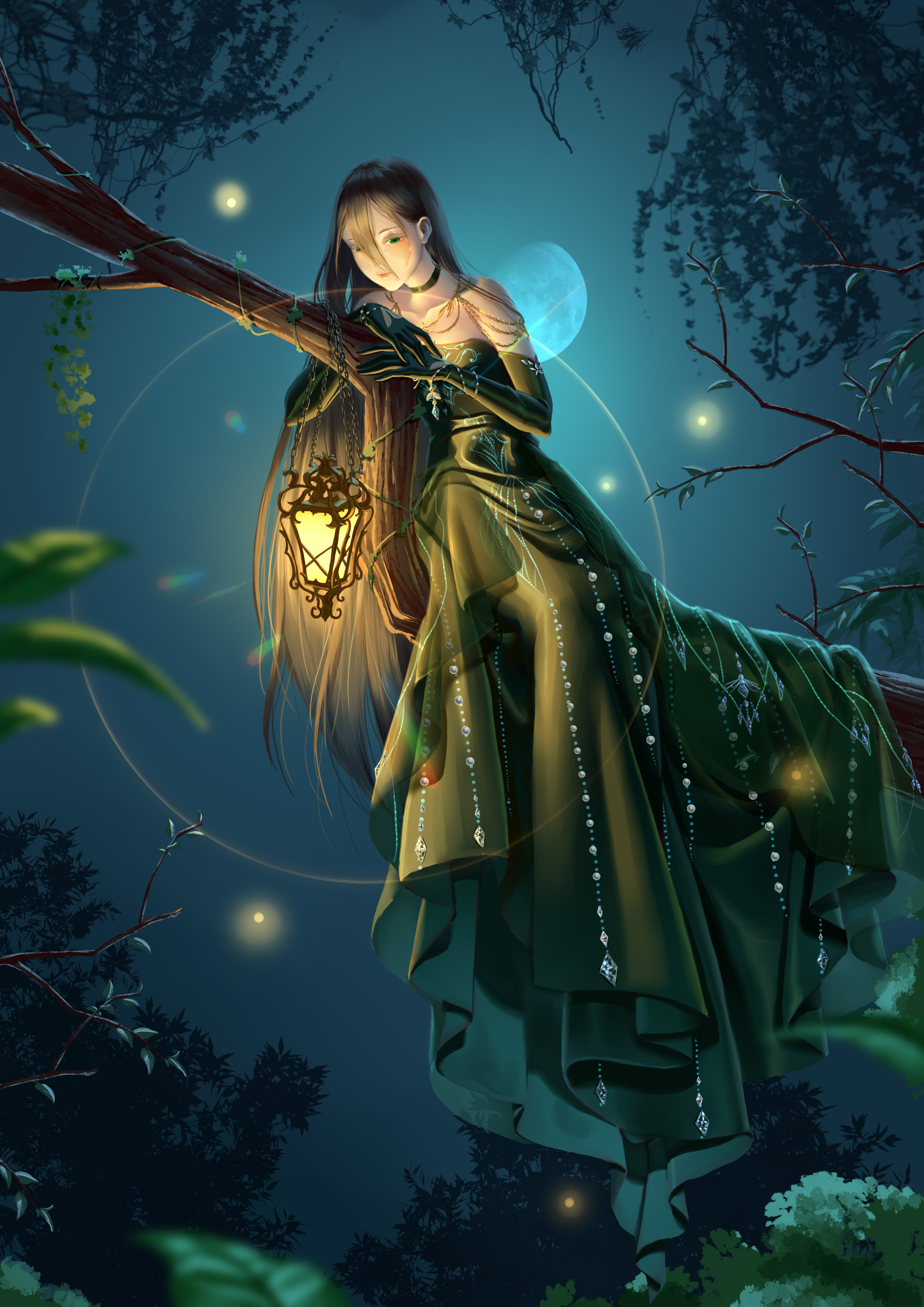ashley (shining nikki), nikki (series), shining nikki, absurdres, chinese commentary, commentary request, highres, partial commentary, 1girl, aqua eyes, aqunaqunyingfen, bare shoulders, black choker, black hair, burn scar, choker, closed mouth, collarbone, dress, elbow gloves, expressionless, eyelashes, fireflies, forest, forest firefly (shining nikki), full body, gibbous moon, gloves, glowing, gown, green dress, green gloves, hair between eyes, lantern, light particles, lips, long hair, looking at viewer, moon, nature, night, on branch, outdoors, pink lips, realistic, scar, scar on face, sitting, solo, strapless, strapless dress, very long hair