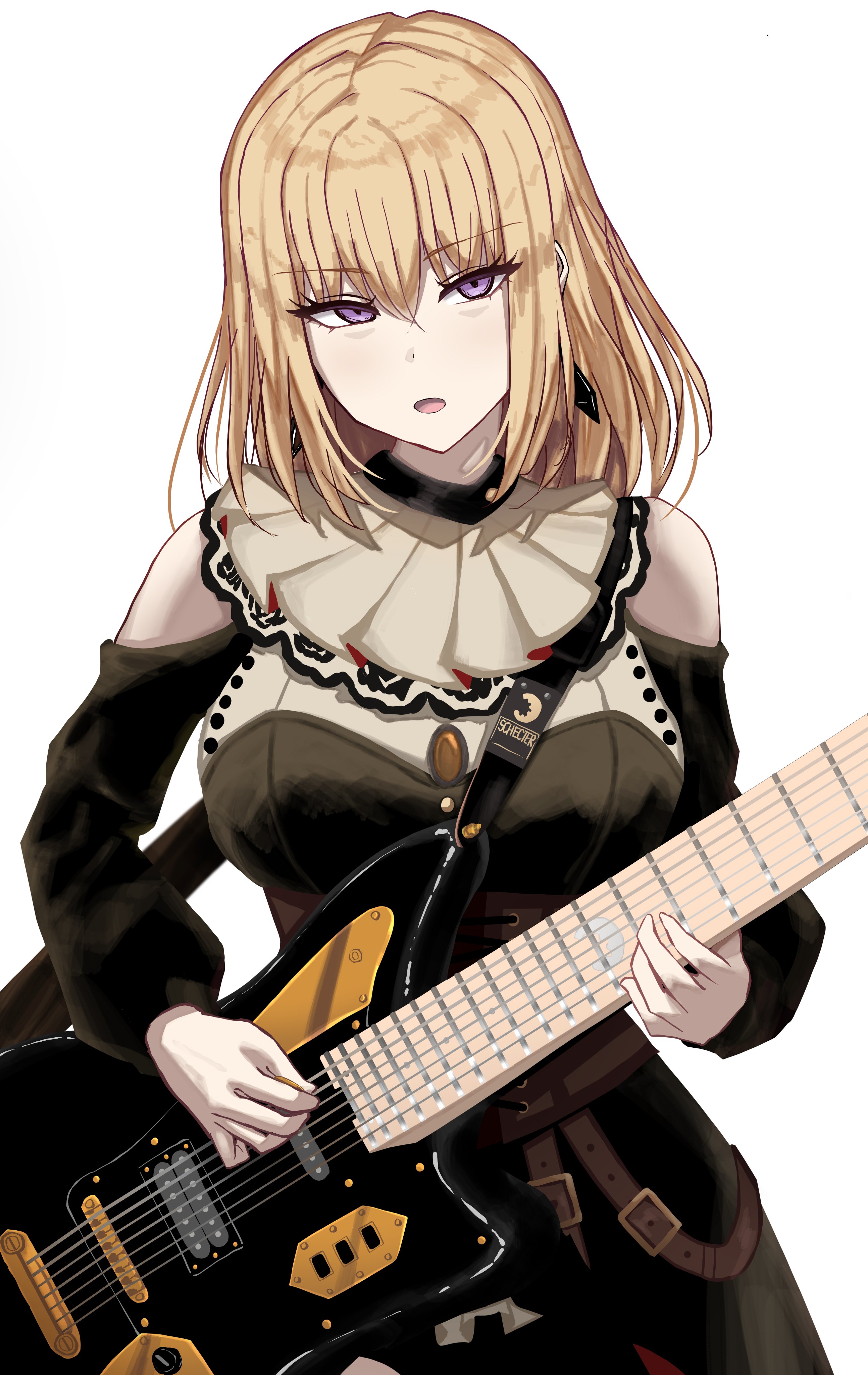 chin gero, doloris (bang dream!), misumi uika, bang dream!, bang dream! it's mygo!!!!!, absurdres, commentary request, highres, 1girl, 7-string guitar, black dress, blonde hair, brown corset, clothing cutout, corset, dress, earrings, electric guitar, extended range guitar, guitar, hair between eyes, holding, holding plectrum, instrument, jewelry, medium hair, music, open mouth, playing instrument, plectrum, purple eyes, shoulder cutout, simple background, solo, white background