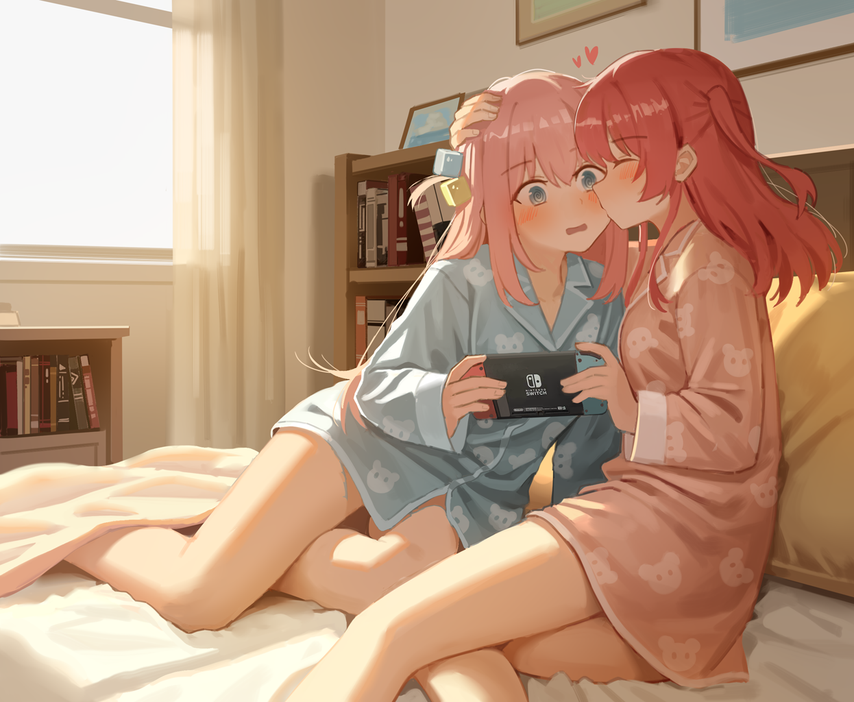 milktea (gggrrr2000), gotoh hitori, kita ikuyo, bocchi the rock!, commentary, english commentary, 2girls, @ @, bedroom, blue eyes, blue shirt, blush, closed eyes, cube hair ornament, curtains, hair ornament, heart, indoors, kiss, kissing cheek, long hair, multiple girls, nintendo switch, on bed, one side up, pajamas, pink hair, pink shirt, red hair, shirt, yuri