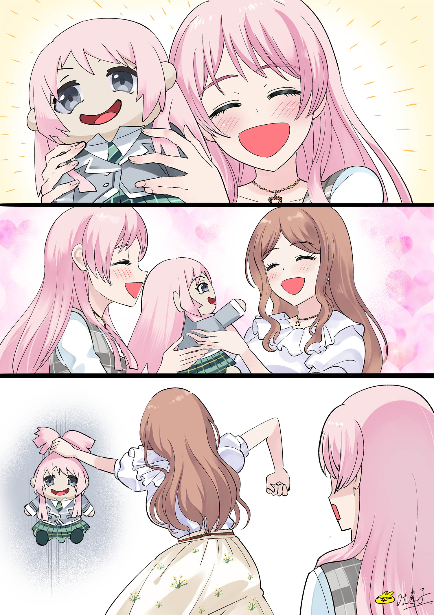 chihaya anon, nagasaki soyo, bang dream!, bang dream! it's mygo!!!!!, commentary request, highres, 2girls, 7675andy, blush, brown skirt, character doll, closed eyes, doll, haneoka school uniform, jewelry, long hair, multiple girls, necklace, open mouth, pink hair, school uniform, shirt, sidelocks, skirt, white shirt