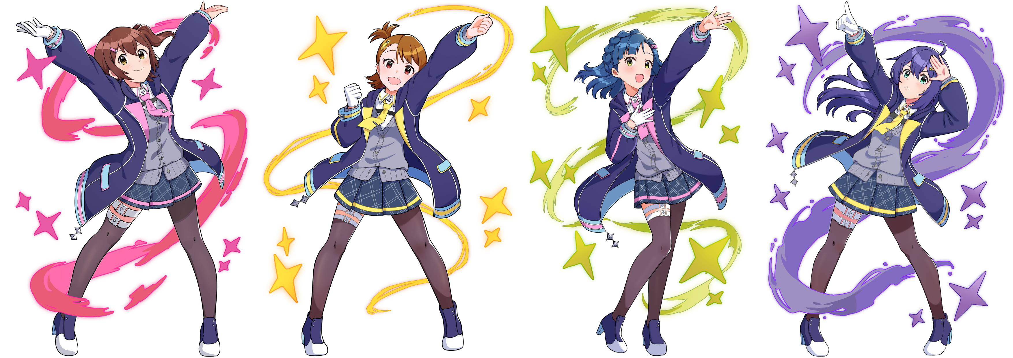 mogukichi aka, futami ami, kasuga mirai, mochizuki anna, nanao yuriko, idolmaster, idolmaster million live!, idolmaster million live! theater days, absurdres, commentary request, highres, 4girls, :<, :d, ahoge, aqua eyes, arm up, arms up, asymmetrical bangs, asymmetrical legwear, belt, black pantyhose, black thighhighs, blue hair, blue skirt, blush, braid, brown hair, buckle, cardigan, clenched hands, closed mouth, collared shirt, double-parted bangs, fist pump, floating clothes, floating hair, full body, gloves, green eyes, grey cardigan, hair between eyes, hair ornament, hairclip, half crown braid, hand on own chest, hand to head, hand up, head tilt, heel up, high heels, hood, hood down, hooded jacket, jacket, legs apart, long hair, long sleeves, looking at viewer, matching outfits, medium hair, miniskirt, multiple girls, necktie, official alternate costume, one side up, open clothes, open jacket, open mouth, outstretched arm, outstretched arms, pantyhose, parted bangs, pigeon-toed, pink necktie, plaid clothes, plaid skirt, pleated skirt, pointing, pointing up, purple hair, purple jacket, purple shoes, raised eyebrows, red eyes, shirt, shoes, short necktie, sideways glance, simple background, single glove, single leg pantyhose, single thighhigh, skirt, smile, snap-fit buckle, sparkle, square-end necktie, standing, thigh belt, thigh strap, thighhighs, turning head, uneven legwear, v-shaped eyebrows, white background, white gloves, white shirt, yellow eyes, yellow necktie