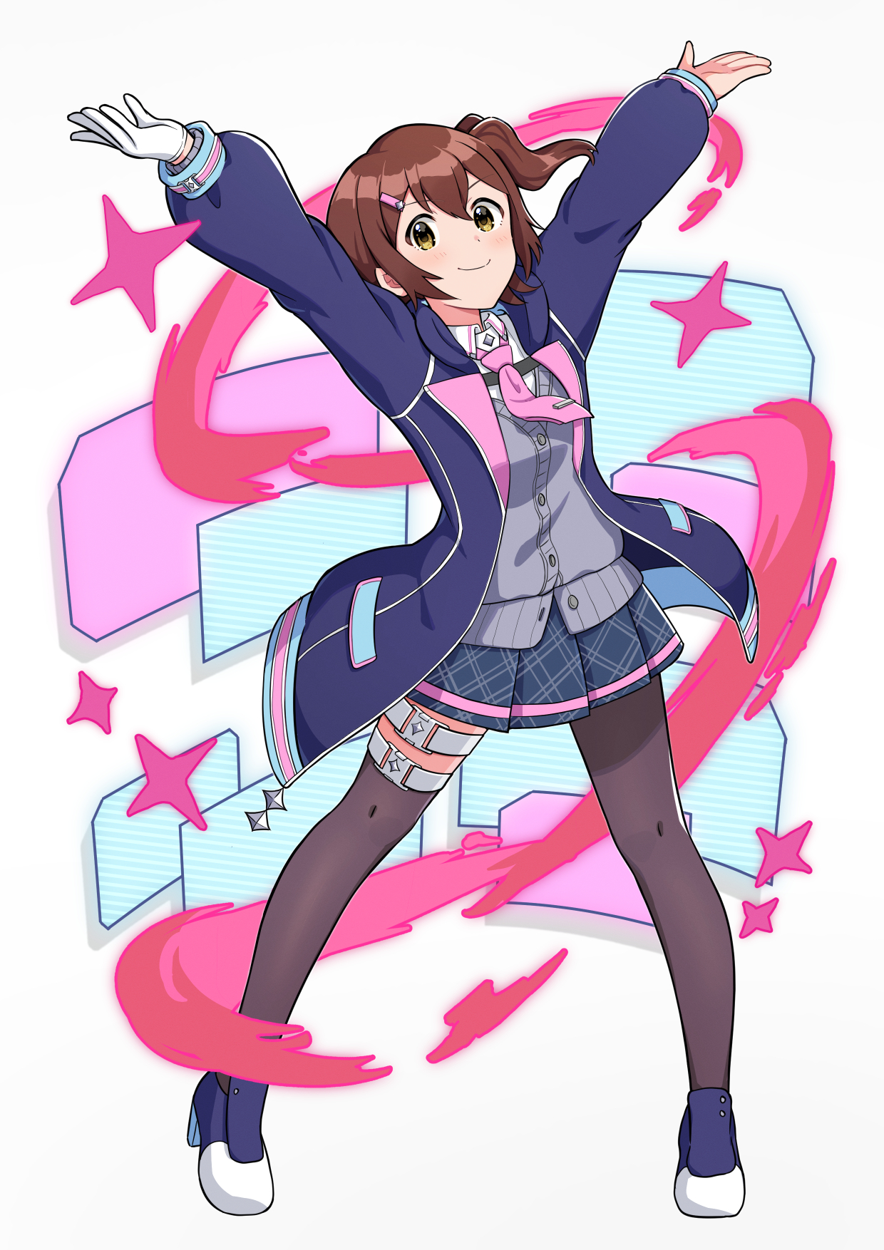 mogukichi aka, kasuga mirai, idolmaster, idolmaster million live!, idolmaster million live! theater days, commentary request, highres, 1girl, arms up, asymmetrical legwear, belt, black pantyhose, black thighhighs, blue skirt, blush, brown hair, buckle, cardigan, closed mouth, collared shirt, double-parted bangs, floating clothes, floating hair, full body, gloves, grey cardigan, hair between eyes, hair ornament, hairclip, high heels, hood, hood down, hooded jacket, jacket, legs apart, long sleeves, looking at viewer, medium hair, miniskirt, necktie, official alternate costume, one side up, open clothes, open jacket, outstretched arms, pantyhose, pigeon-toed, pink necktie, plaid clothes, plaid skirt, pleated skirt, purple jacket, purple shoes, shirt, shoes, short necktie, simple background, single glove, single leg pantyhose, single thighhigh, skirt, smile, snap-fit buckle, solo, sparkle, square-end necktie, standing, thigh belt, thigh strap, thighhighs, uneven legwear, v-shaped eyebrows, white background, white gloves, white shirt, yellow eyes