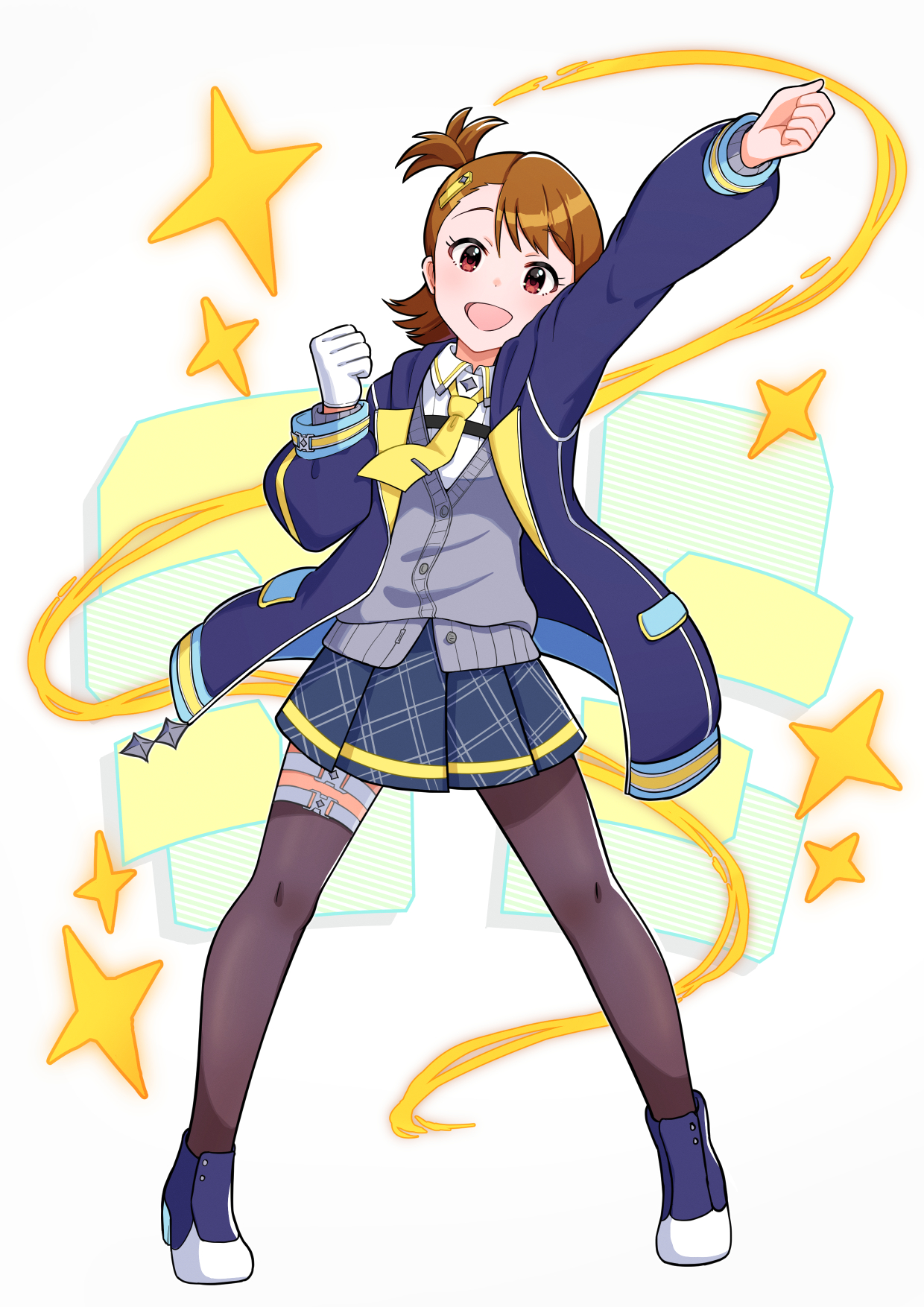 mogukichi aka, futami ami, idolmaster, idolmaster million live!, idolmaster million live! theater days, commentary request, highres, 1girl, :d, arm up, asymmetrical bangs, asymmetrical legwear, belt, black pantyhose, black thighhighs, blue skirt, blush, brown hair, buckle, cardigan, clenched hands, collared shirt, fist pump, floating clothes, full body, gloves, grey cardigan, hair ornament, hairclip, hand up, high heels, hood, hood down, hooded jacket, jacket, legs apart, long sleeves, looking at viewer, medium hair, miniskirt, necktie, official alternate costume, one side up, open clothes, open jacket, open mouth, outstretched arm, pantyhose, pigeon-toed, plaid clothes, plaid skirt, pleated skirt, purple jacket, purple shoes, raised eyebrows, red eyes, shirt, shoes, short necktie, simple background, single glove, single leg pantyhose, single thighhigh, skirt, smile, snap-fit buckle, solo, sparkle, square-end necktie, standing, thigh belt, thigh strap, thighhighs, uneven legwear, white background, white gloves, white shirt, yellow necktie