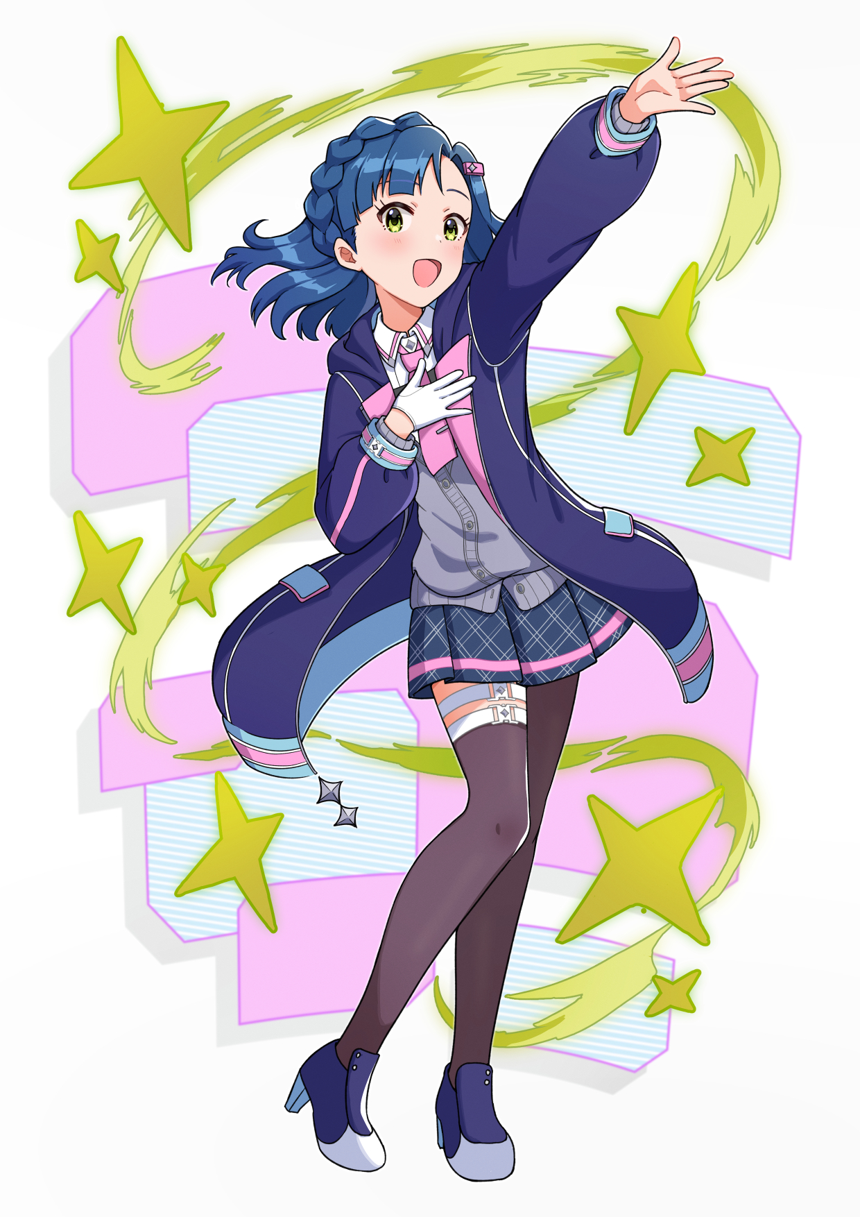 mogukichi aka, nanao yuriko, idolmaster, idolmaster million live!, idolmaster million live! theater days, commentary request, highres, 1girl, :d, arm up, asymmetrical legwear, belt, black pantyhose, black thighhighs, blue hair, blue skirt, blush, braid, buckle, cardigan, collared shirt, floating clothes, floating hair, full body, gloves, green eyes, grey cardigan, hair ornament, hairclip, half crown braid, hand on own chest, head tilt, heel up, high heels, hood, hood down, hooded jacket, jacket, long sleeves, looking at viewer, medium hair, miniskirt, necktie, official alternate costume, open clothes, open jacket, open mouth, outstretched arm, pantyhose, parted bangs, pink necktie, plaid clothes, plaid skirt, pleated skirt, purple jacket, purple shoes, raised eyebrows, shirt, shoes, short necktie, sideways glance, simple background, single glove, single leg pantyhose, single thighhigh, skirt, smile, snap-fit buckle, solo, sparkle, square-end necktie, standing, thigh belt, thigh strap, thighhighs, turning head, uneven legwear, white background, white gloves, white shirt