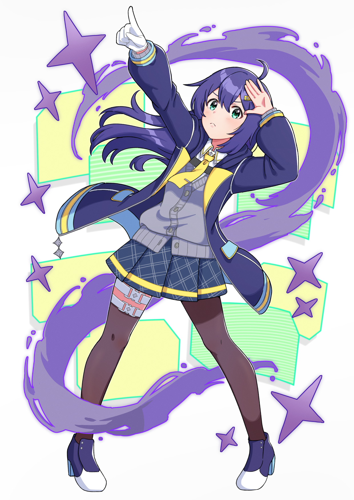 mogukichi aka, mochizuki anna, idolmaster, idolmaster million live!, idolmaster million live! theater days, commentary request, highres, 1girl, :<, ahoge, aqua eyes, arms up, asymmetrical legwear, belt, black pantyhose, black thighhighs, blue skirt, blush, buckle, cardigan, closed mouth, collared shirt, double-parted bangs, floating clothes, floating hair, full body, gloves, grey cardigan, hair between eyes, hair ornament, hairclip, hand to head, high heels, hood, hood down, hooded jacket, jacket, legs apart, long hair, long sleeves, looking at viewer, miniskirt, necktie, official alternate costume, open clothes, open jacket, outstretched arm, pantyhose, pigeon-toed, plaid clothes, plaid skirt, pleated skirt, pointing, pointing up, purple hair, purple jacket, purple shoes, shirt, shoes, short necktie, simple background, single glove, single leg pantyhose, single thighhigh, skirt, snap-fit buckle, solo, sparkle, square-end necktie, standing, thigh belt, thigh strap, thighhighs, uneven legwear, v-shaped eyebrows, white background, white gloves, white shirt, yellow necktie