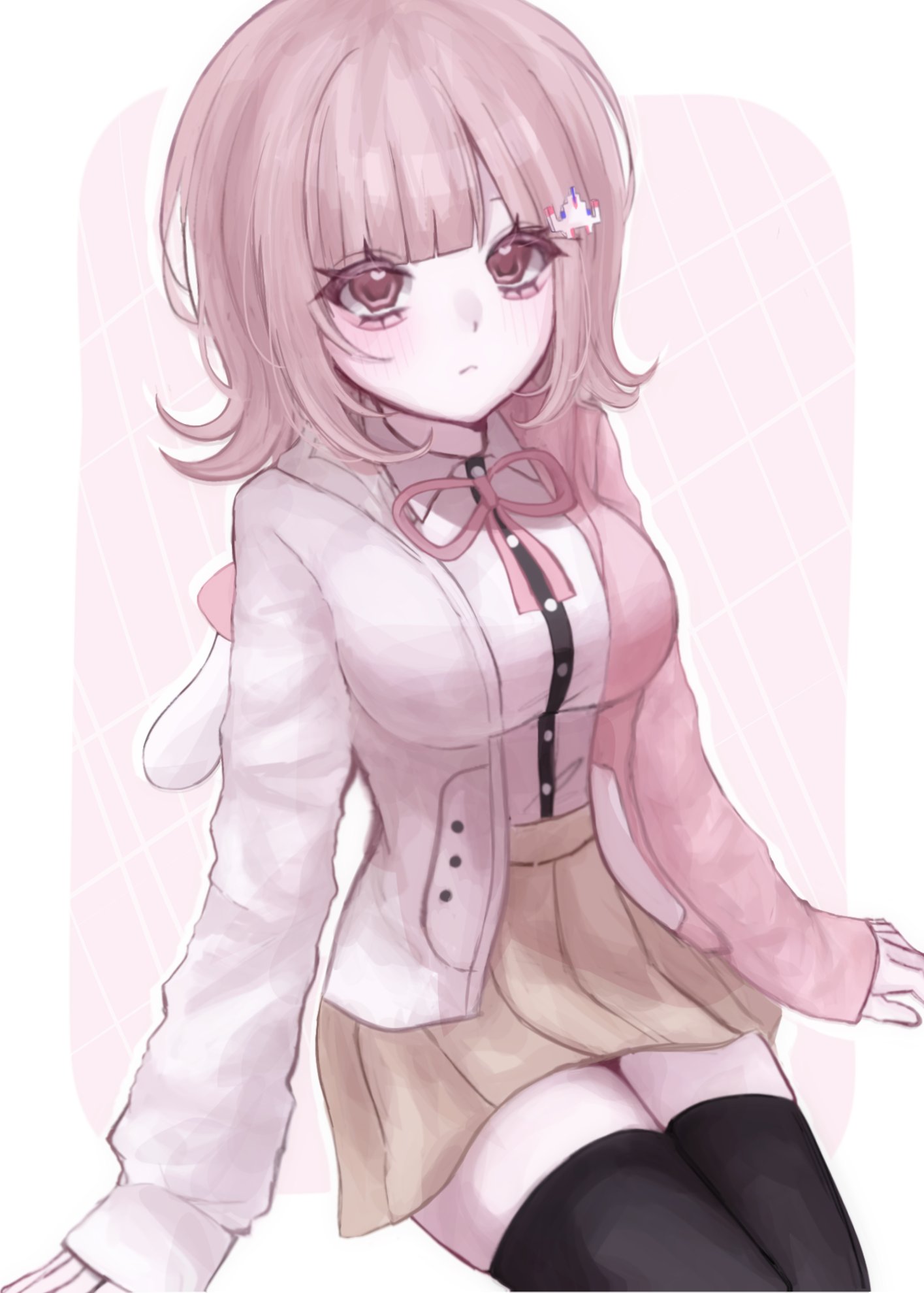 xiang gong, nanami chiaki, danganronpa (series), danganronpa 2: goodbye despair, highres, 1girl, black thighhighs, blush, breasts, brown hair, collared shirt, flipped hair, hair ornament, hood, jacket, large breasts, long sleeves, looking at viewer, medium hair, miniskirt, neck ribbon, open clothes, open jacket, pink eyes, pink ribbon, pleated skirt, ribbon, shirt, skirt, solo, thighhighs, two-tone shirt, white shirt, zettai ryouiki
