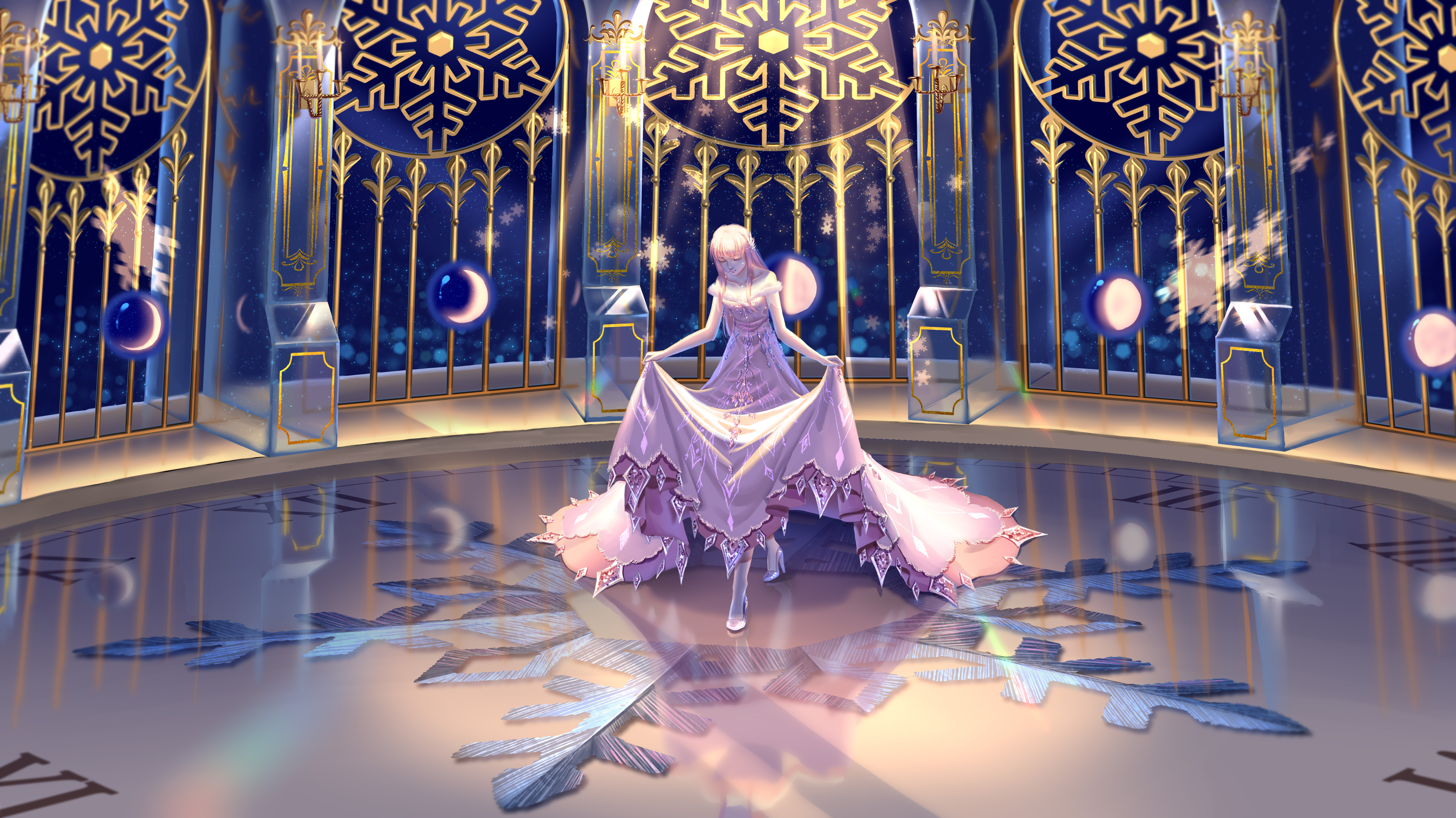 nikki (nikki), nikki (series), shining nikki, absurdres, chinese commentary, commentary request, highres, 1girl, aqunaqunyingfen, bare arms, bare shoulders, clock, closed eyes, closed mouth, curtsey, dress, feather hair ornament, feathers, full body, fur-trimmed dress, fur trim, gown, hair ornament, indoors, jewelry, lace, lace-trimmed dress, lace trim, lips, long dress, long hair, longing for snow (shining nikki), moon phases, necklace, off-shoulder dress, off shoulder, pink dress, pink hair, pink lips, realistic, reflective floor, short sleeves, sidelocks, smile, snowflakes, solo, standing, white sleeves, wide shot, window