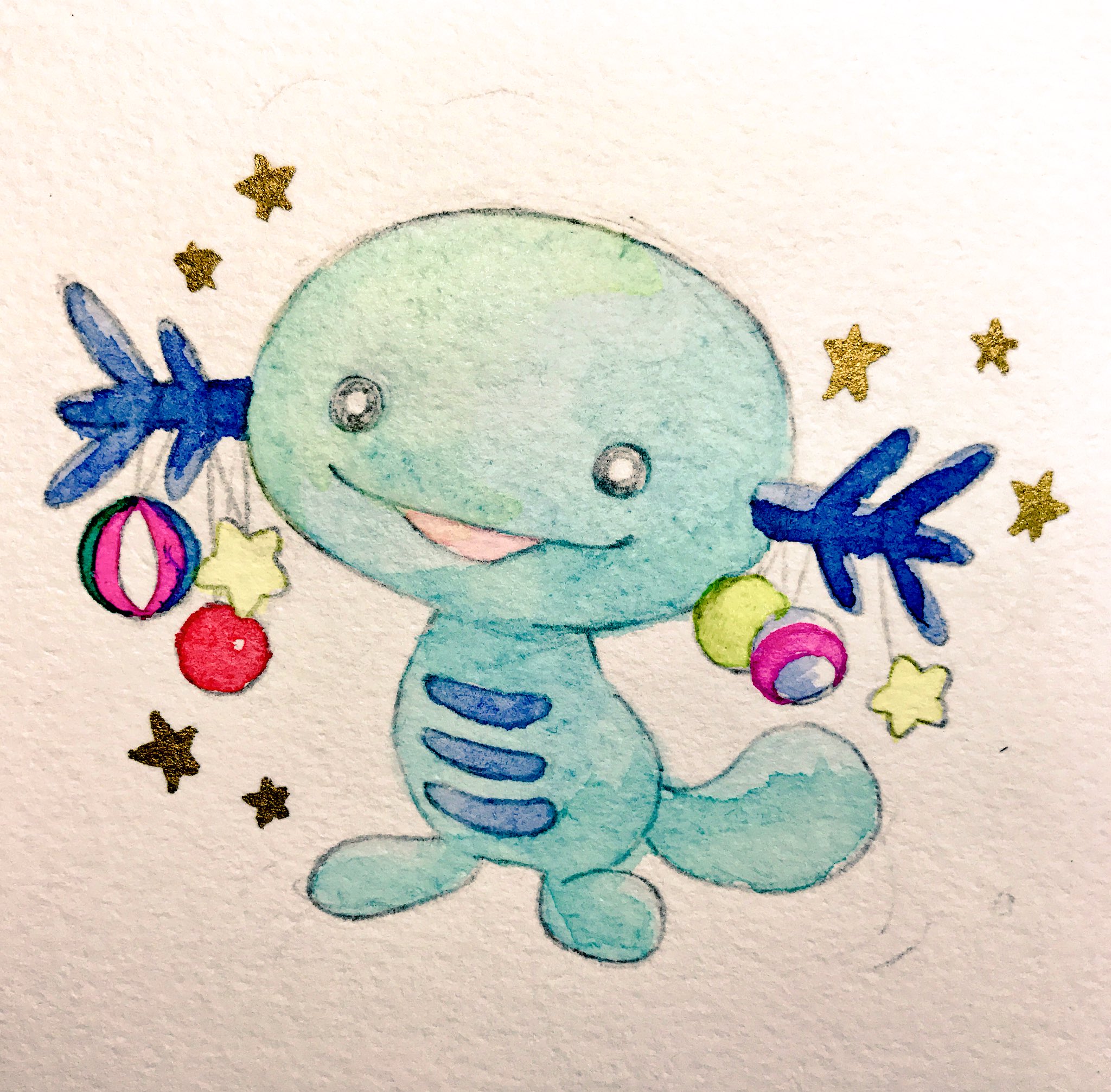 mint nappa, wooper, nintendo, pokemon, commentary request, highres, painting (medium), traditional media, watercolor (medium), bright pupils, full body, gen 2 pokemon, no humans, open mouth, paper texture, pokemon (creature), solo, star (symbol), white pupils