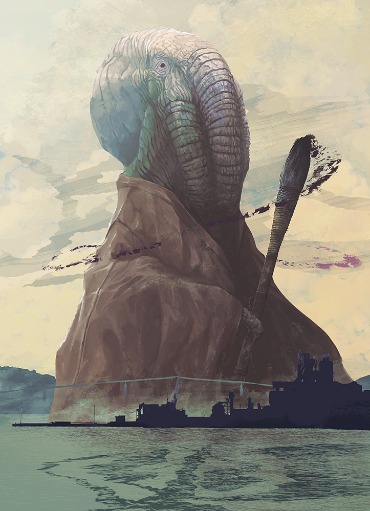 toy(e), original, calligraphy brush (medium), city, cloak, day, factory, giant, holding, holding paintbrush, monster, outdoors, paintbrush, water