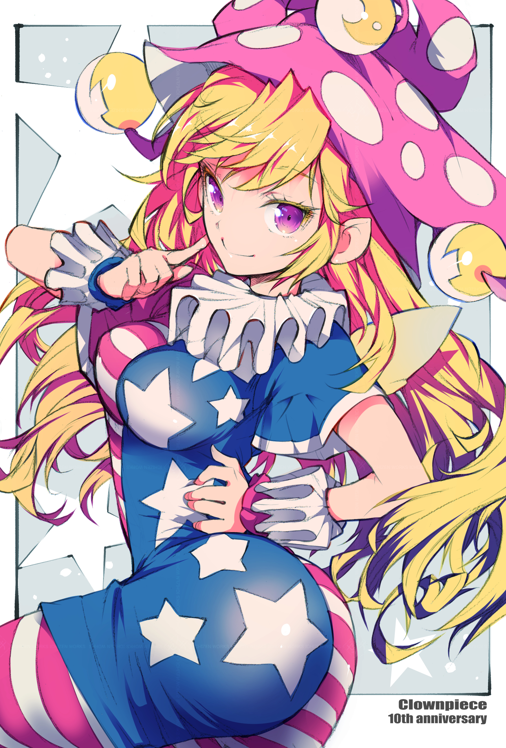 ichizen (o tori), clownpiece, touhou, absurdres, highres, 1girl, american flag, american flag dress, american flag legwear, american flag pants, american flag print, blonde hair, breasts, fairy wings, flag print, hand on own hip, hat, jester cap, long hair, looking at viewer, pants, polka dot headwear, print pants, purple eyes, short sleeves, smile, solo, star (symbol), star print, wings