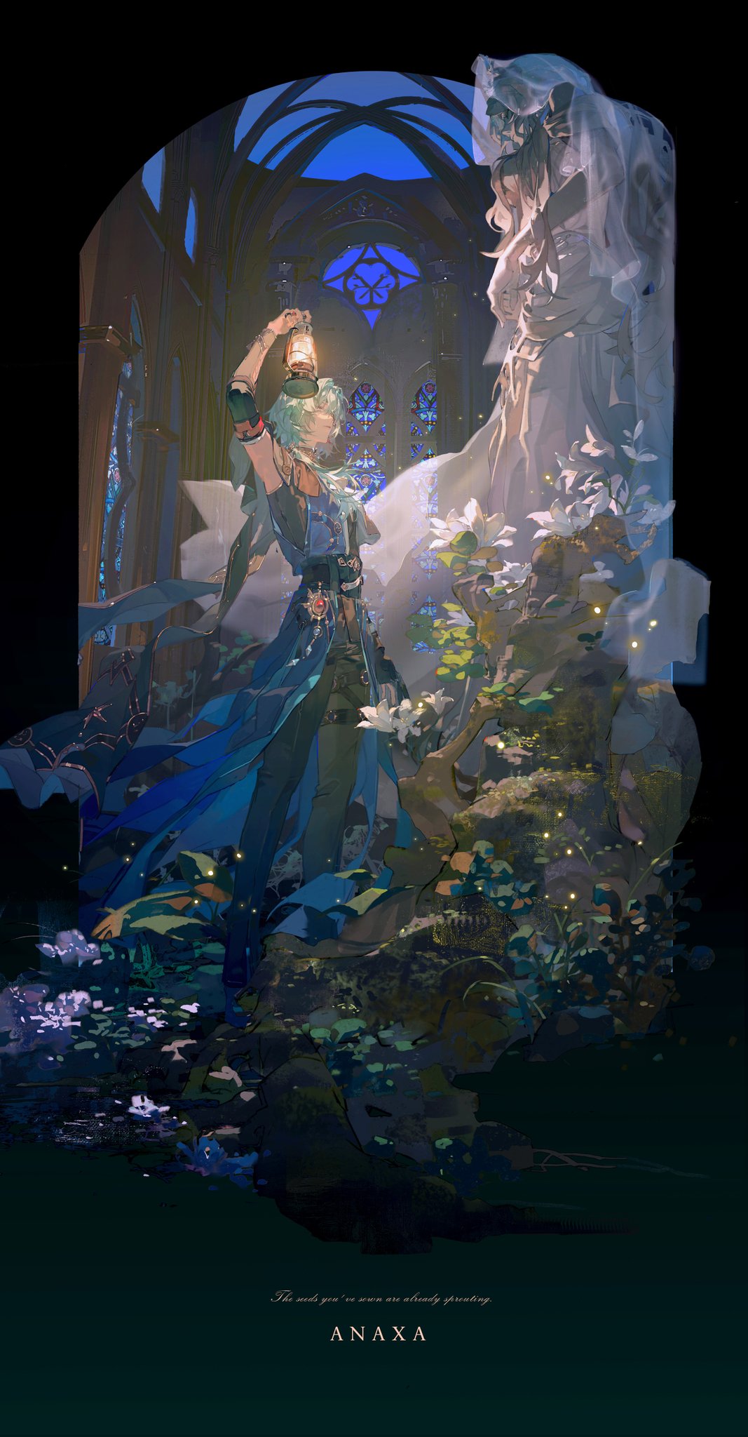 genren jiu qu, anaxa (honkai: star rail), honkai: star rail, honkai (series), highres, 1boy, aqua coat, aqua hair, arm up, black pants, black sleeves, coat, detached sleeves, eyepatch, flower, grass, hair over shoulder, holding, holding lantern, jewelry, lantern, long hair, long sleeves, looking ahead, male focus, one eye covered, pants, ring, solo, stained glass, standing, statue, thigh strap, veil, white flower, white veil, window