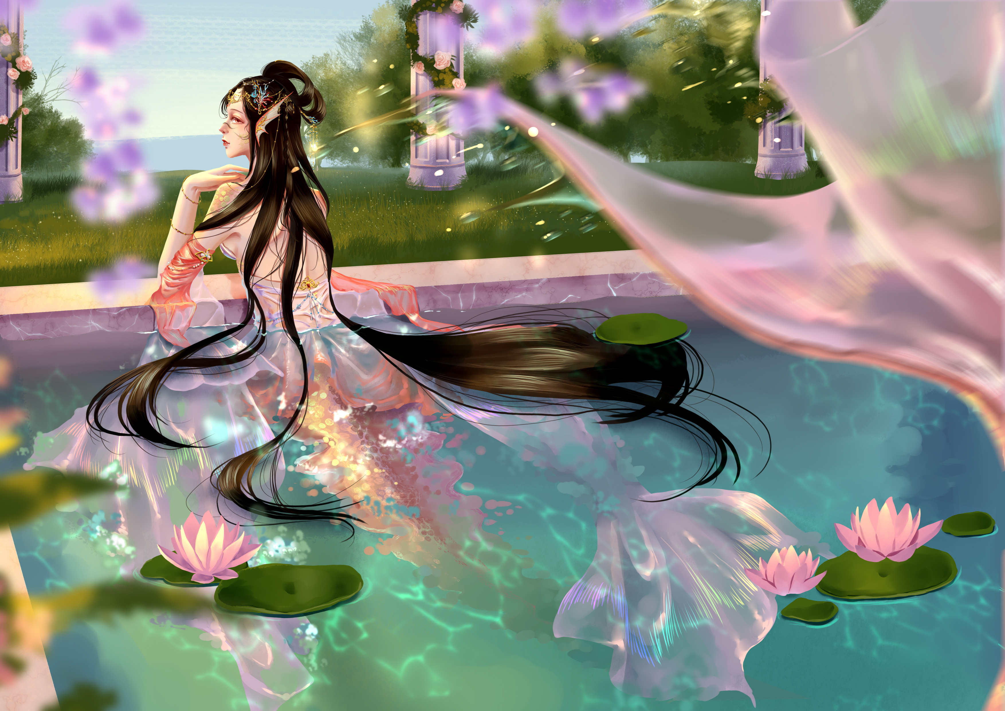 nikki (series), shining nikki, absurdres, chinese commentary, commentary request, highres, 1girl, aqunaqunyingfen, bare back, bare shoulders, beads of love (shining nikki), black hair, blue sky, bra, circlet, closed mouth, day, detached sleeves, fins, fish tail, flower, from behind, full body, garden, hair rings, hair spread out, hand on own shoulder, head fins, lily pad, lipstick, long hair, long sleeves, lotus, makeup, mermaid, monster girl, orange sleeves, orange tail, outdoors, partially submerged, pillar, pink flower, pool, purple flower, realistic, red lips, shoulder blades, sky, solo, tail, tree, underwear, very long hair, white bra, wide sleeves, wisteria, yellow scales