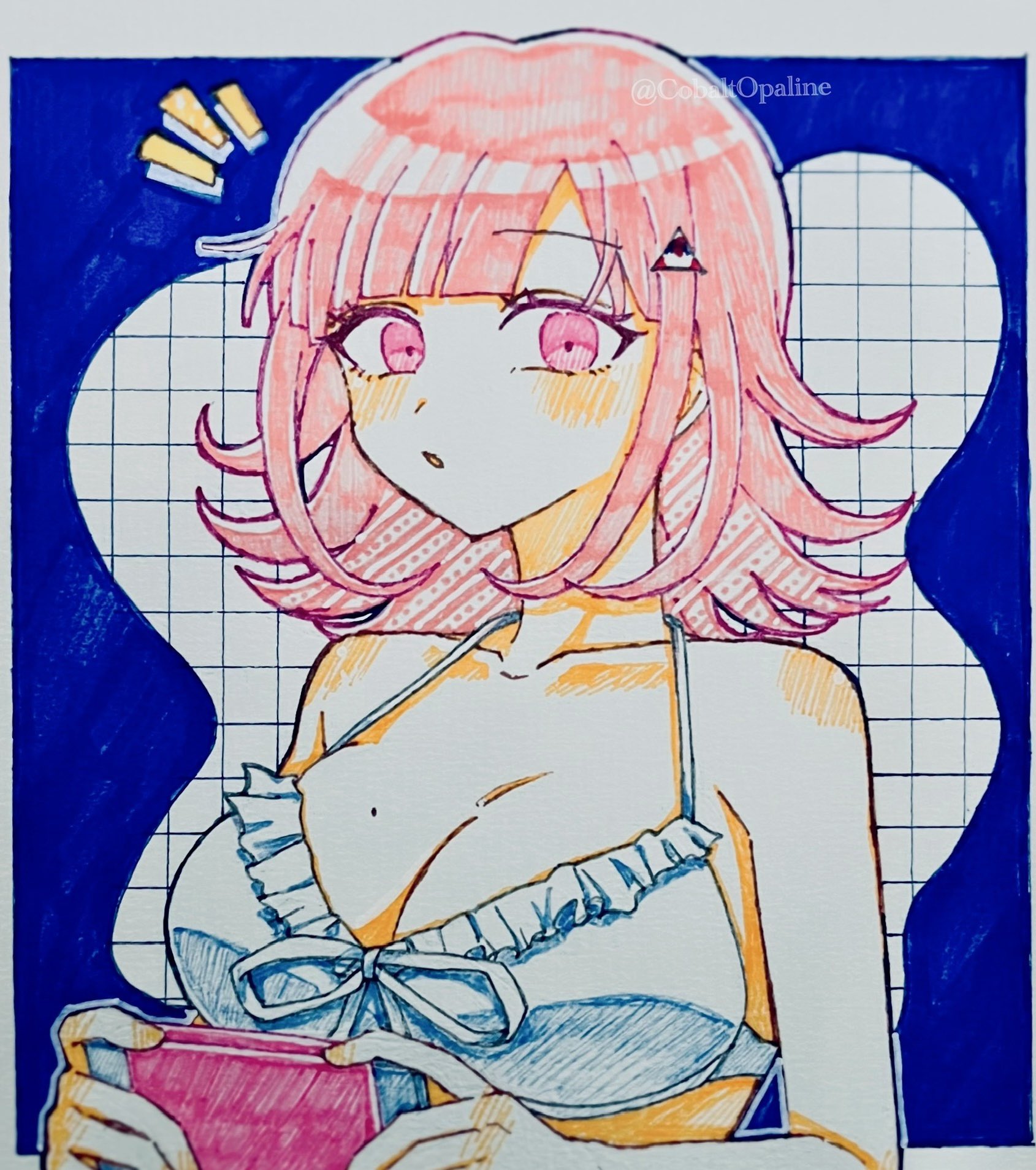 odori yu ao, nanami chiaki, danganronpa (series), danganronpa 2: goodbye despair, highres, 1girl, :o, bare arms, bare shoulders, bikini, blush, breasts, brown hair, cleavage, frills, handheld game console, holding, holding handheld game console, large breasts, medium hair, mole, mole on breast, notice lines, pink eyes, solo, swimsuit, white bikini