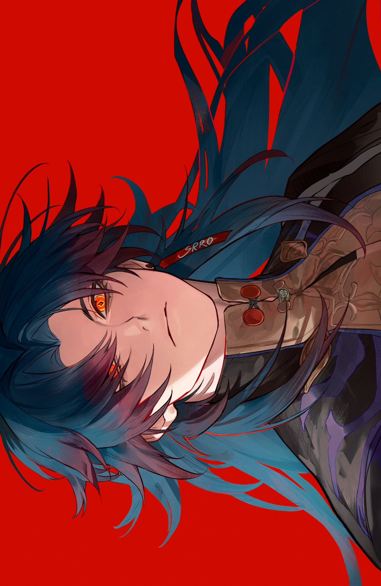srro yo, blade (honkai: star rail), honkai: star rail, honkai (series), highres, 1boy, artist name, black hair, chinese clothes, hair between eyes, long hair, male focus, red eyes, signature, solo, upper body