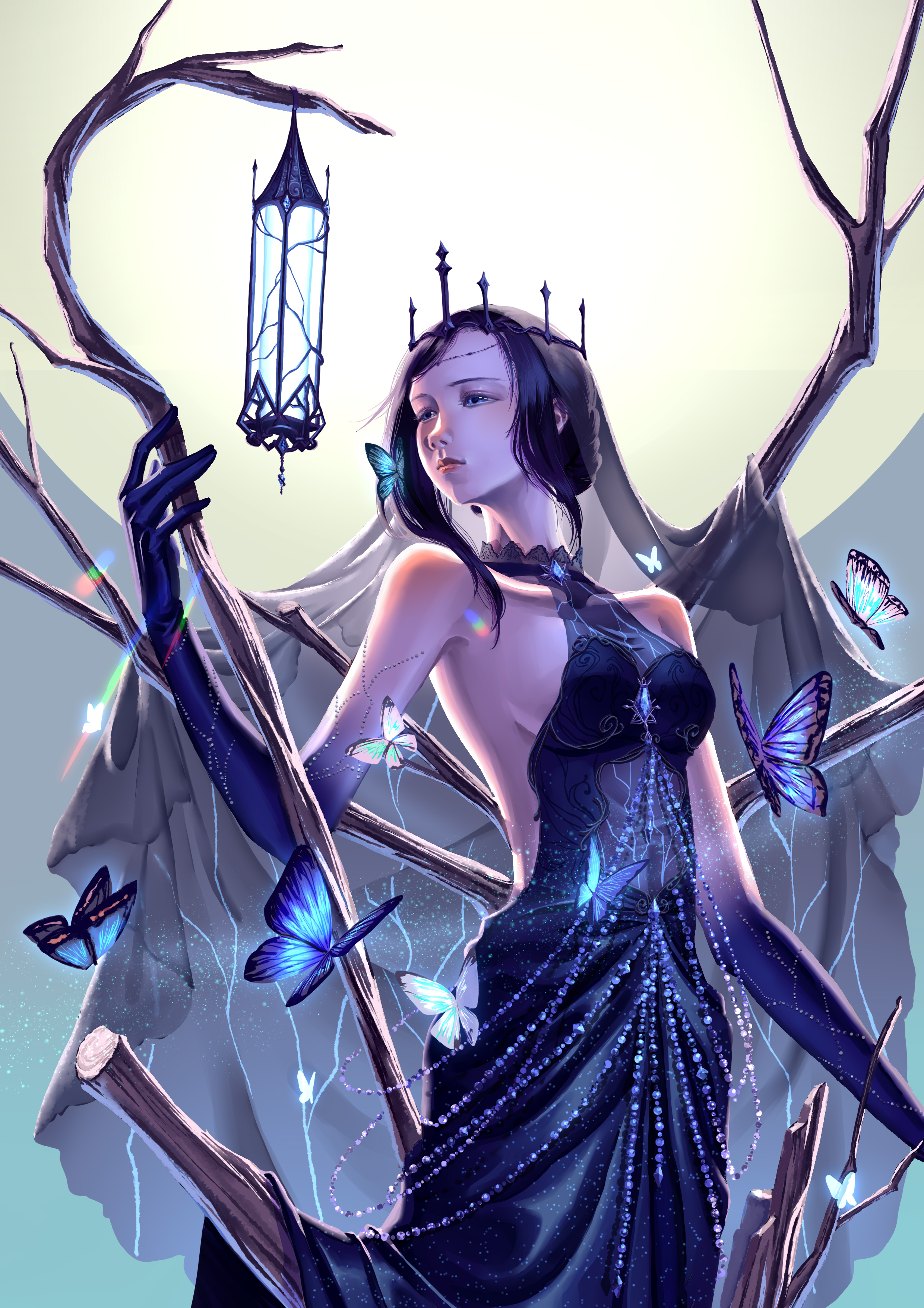 nikki (series), shining nikki, absurdres, chinese commentary, commentary request, highres, 1girl, aqunaqunyingfen, bare shoulders, black choker, black crown, black dress, black hair, blue butterfly, blue eyes, blue gemstone, blue gloves, breasts, bug, butterfly, chest jewel, choker, circlet, closed mouth, cowboy shot, cracked skin, crown, dress, elbow gloves, expressionless, forehead, full moon, gem, gloves, grey vest, halter dress, halterneck, holding, holding staff, insect, lace, lace choker, lantern, late-winter flicker (shining nikki), light blush, light particles, lipstick, long hair, looking at object, makeup, medium breasts, moon, night, night sky, nostrils, outdoors, pink lips, realistic, sideboob, sidelocks, sky, solo, staff, standing, vest