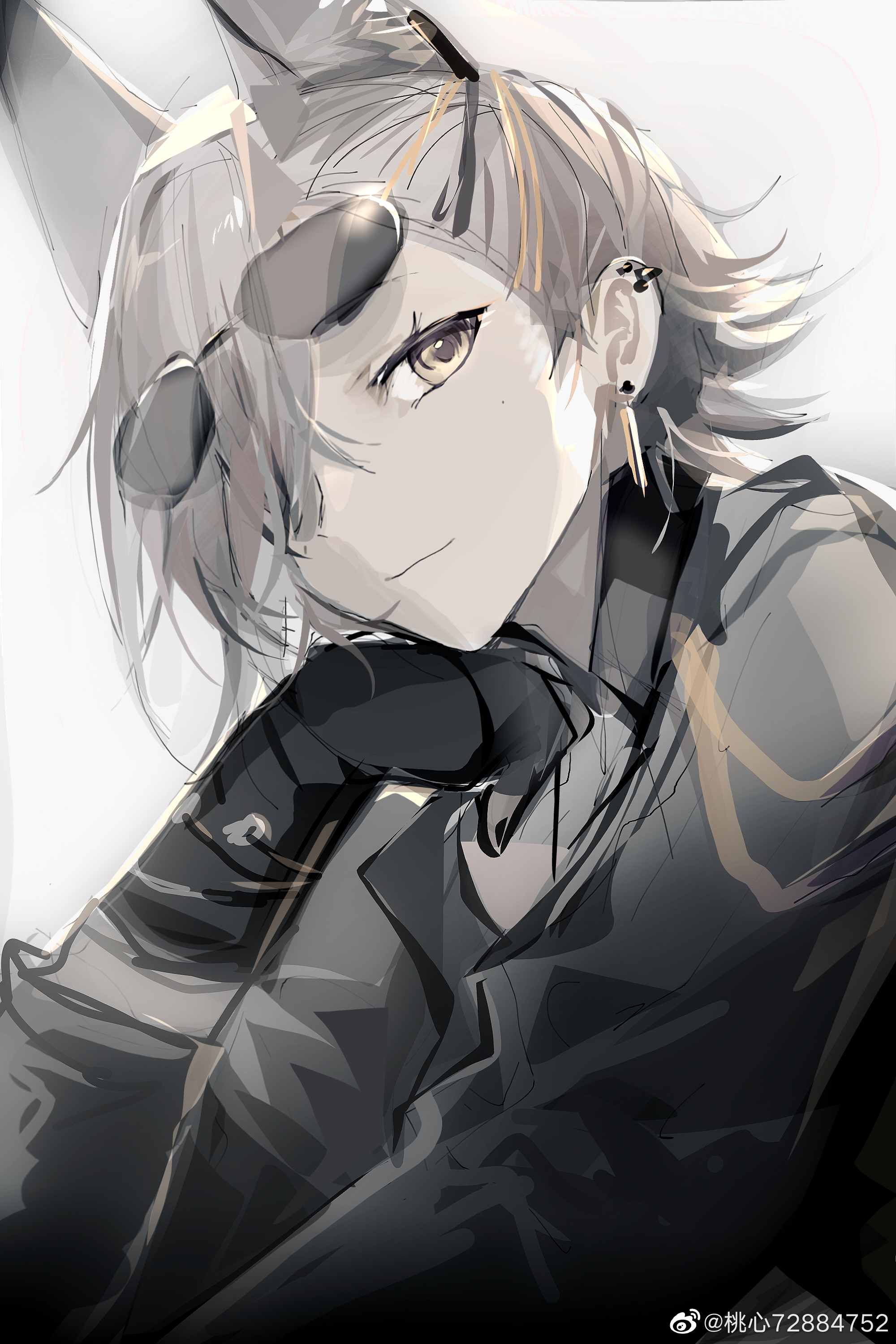 shabi96522, penance (arknights), arknights, absurdres, highres, 1girl, animal ears, black gloves, black jacket, closed mouth, earrings, eyewear on head, gloves, grey background, jacket, jewelry, long sleeves, looking at viewer, short hair, simple background, smile, solo, sunglasses, upper body, yellow eyes