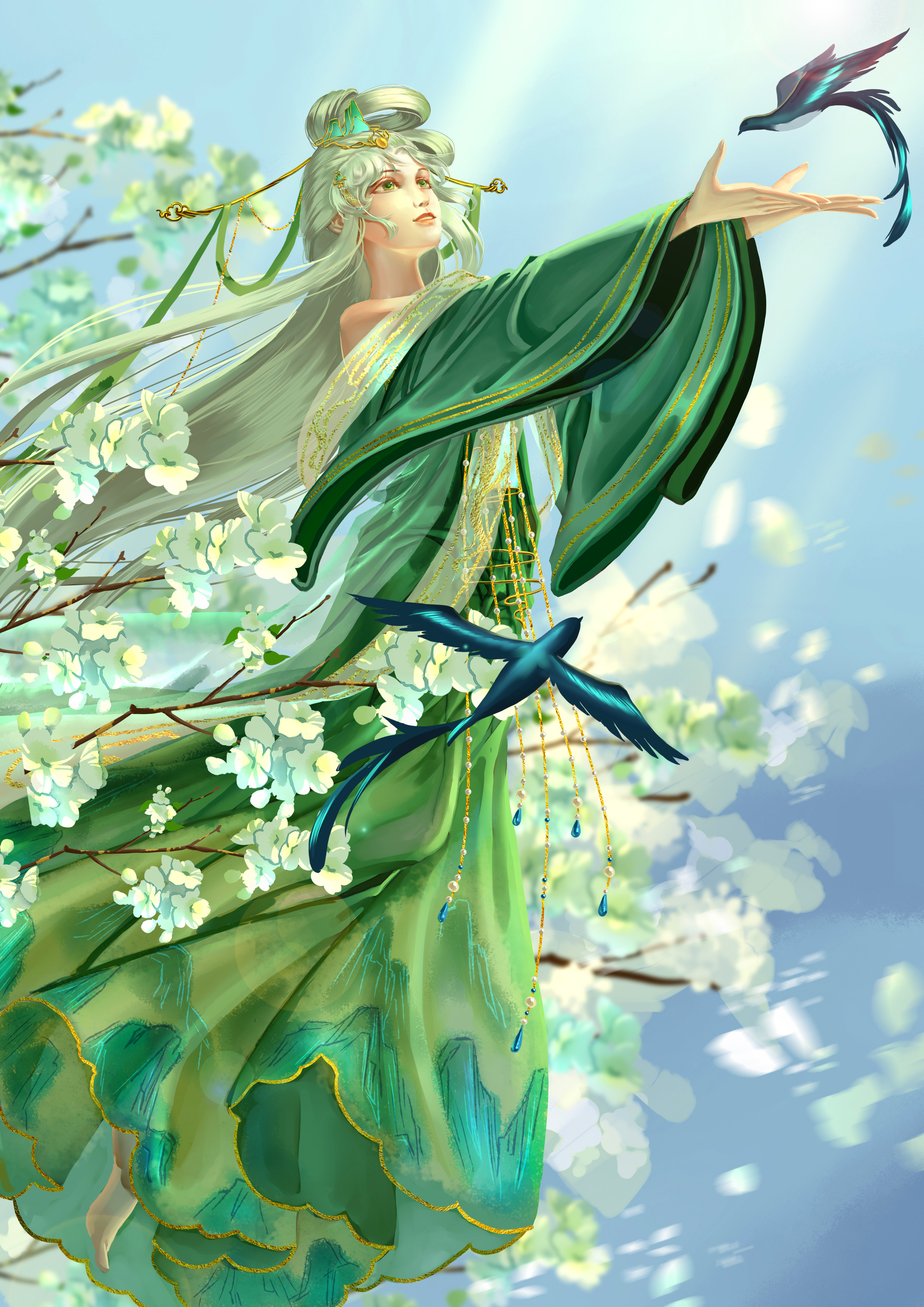 nikki (series), shining nikki, absurdres, chinese commentary, commentary request, highres, 1girl, absurdly long hair, aqunaqunyingfen, bare shoulders, bird, blue sky, cherry blossoms, chinese clothes, chinese hairpin, day, expressionless, flower, full body, green eyes, green hanfu, hair ornament, hair rings, hanfu, lips, long hair, long sleeves, looking at animal, nostrils, off shoulder, on branch, outdoors, outstretched arms, parted lips, petals, pink lips, realistic, sitting, sky, solo, swallow (bird), thousand-mile heartland (shining nikki), tree, very long hair, white flower, white hair, wide sleeves, wind