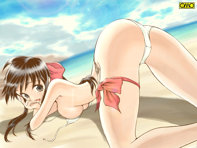 artist request, character request, copyright request, 1girl, ass, beach, bikini, blush, breasts, brown eyes, brown hair, cloud, fang, from behind, hair ribbon, head rest, large breasts, long hair, looking at viewer, looking back, lying, ocean, open mouth, ponytail, red ribbon, ribbon, sand, side-tie bikini bottom, sky, smile, swimsuit, thigh strap, top-down bottom-up, unworn bikini top, water, white bikini