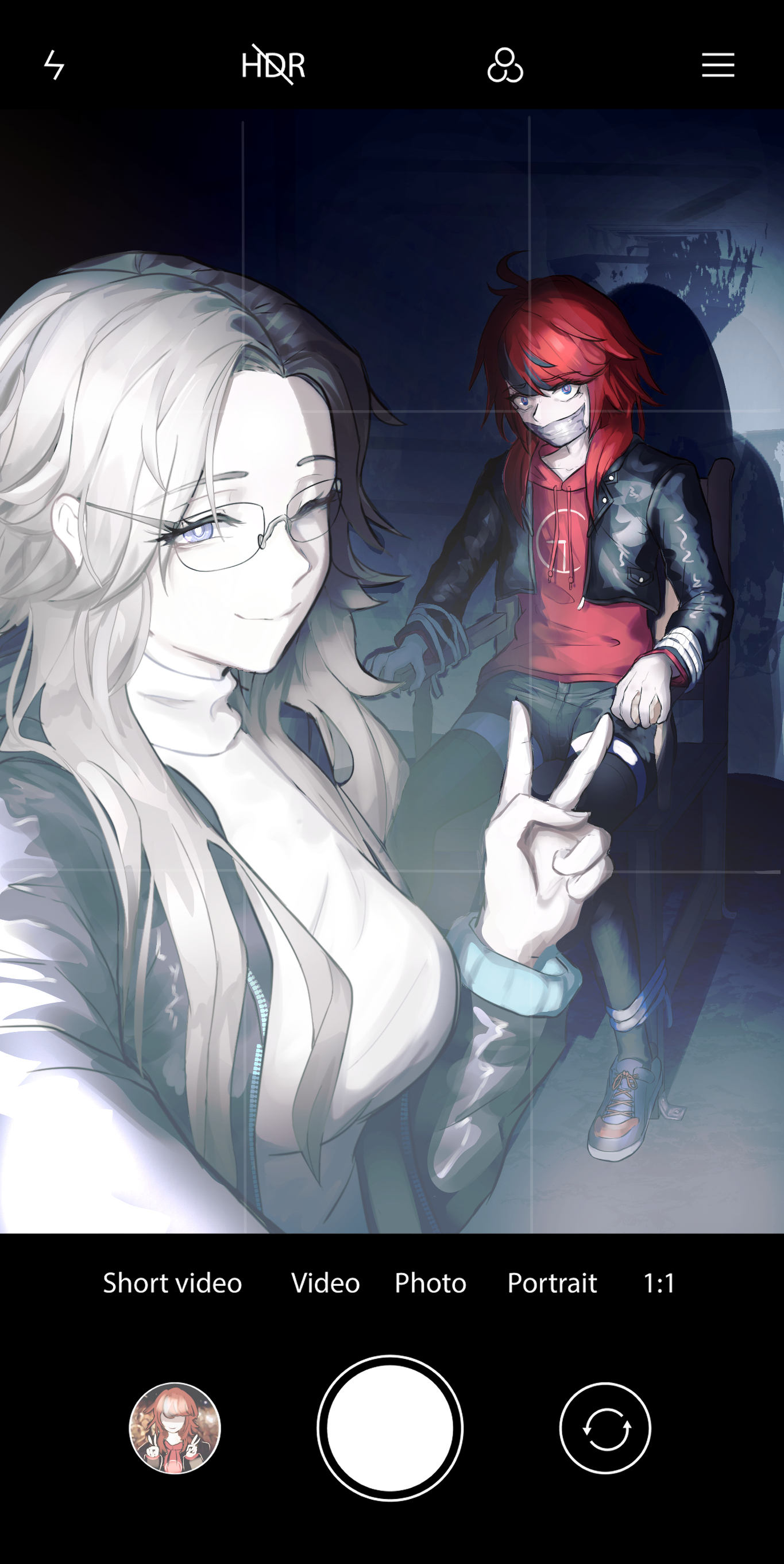 aotsuki eito, sumino takumi, the hundred line -last defense academy-, absurdres, highres, non-web source, 2girls, genderswap, genderswap (mtf), grey hair, jacket, kidnapping, leather, leather jacket, multiple girls, red hair, rivdevy, selfie, yandere, yuri