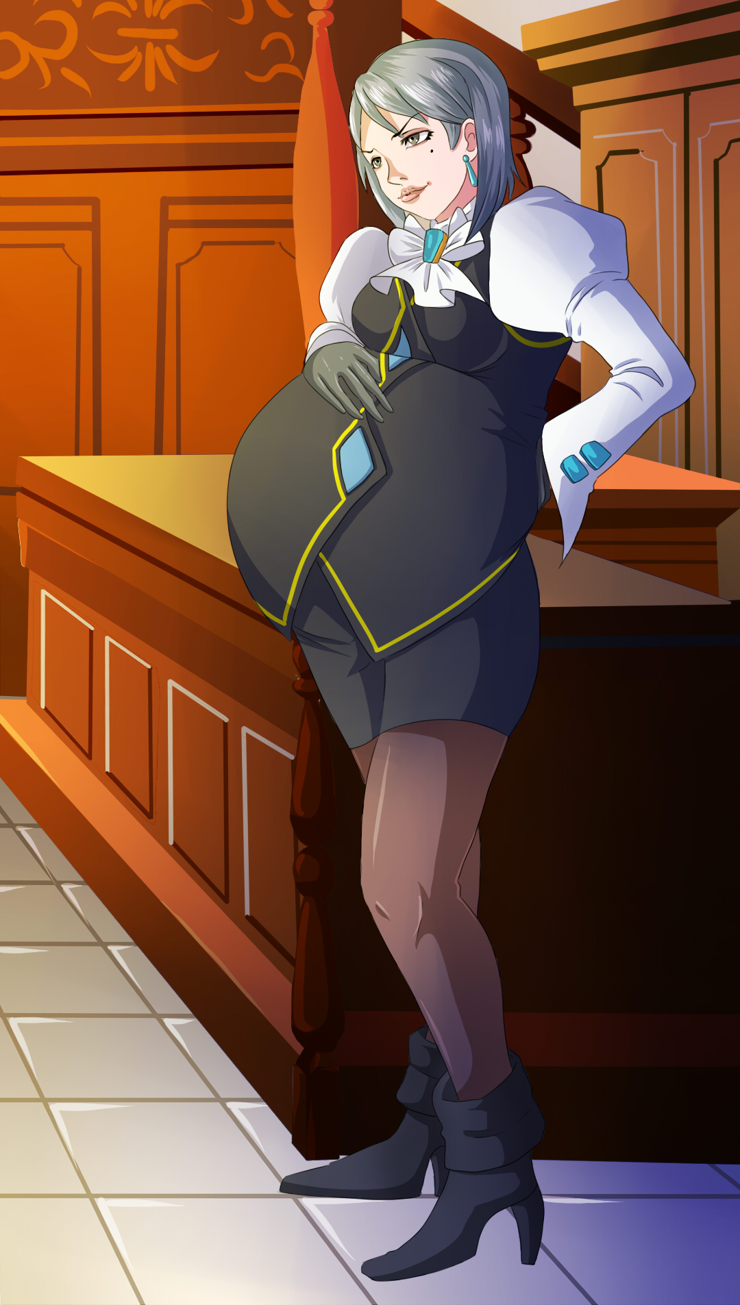 anoartist1994, franziska von karma, ace attorney, capcom, commission, commissioner upload, 1girl, black boots, black gloves, black skirt, black vest, blue earrings, blue hair, boots, bow, brown thighhighs, courtroom, european, german clothes, germany, gloves, hand on own back, hand on own stomach, indoors, jewelry, mole, mole under eye, noblewoman, pregnant, puffy sleeves, short hair, skirt, solo, thighhighs, tile floor, tiles, tomboy, vest, white bow