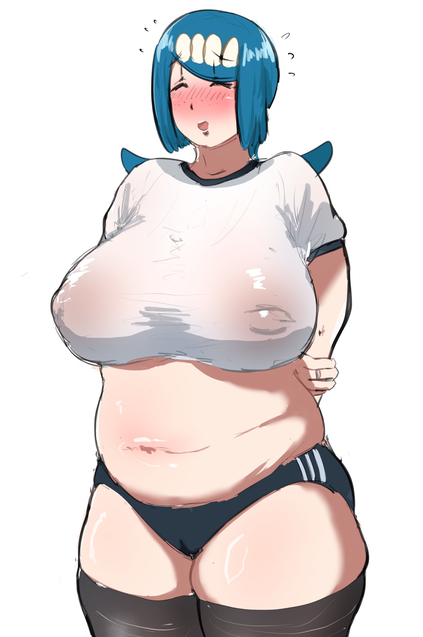 lana's mother (pokemon), nintendo, pokemon, pokemon (anime), pokemon sm (anime), artist request, 1girl, areolae visible through clothing, arms behind back, belly, black thighhighs, blue hair, blush, buruma, cameltoe, closed eyes, crop top, dyson00, freckles, full-face blush, gym shirt, gym shorts, hair ornament, holding own arm, jewelry, low ponytail, mature female, medium hair, midriff, navel, open mouth, plump, ponytail, ring, see-through clothes, see-through shirt, shirt, short shorts, shorts, smile, solo, standing, t-shirt, thick thighs, thighhighs, thighs, white background, white shirt