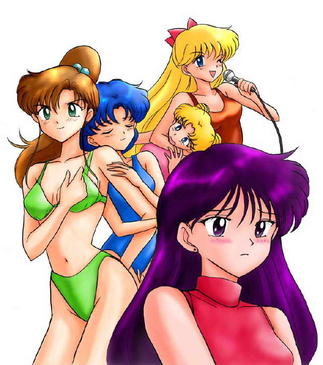 aino minako, hino rei, kino makoto, mizuno ami, tsukino usagi, bishoujo senshi sailor moon, jpeg artifacts, 1990s (style), 5girls, bikini, blonde hair, blue hair, brown hair, multiple girls, purple hair, swimsuit