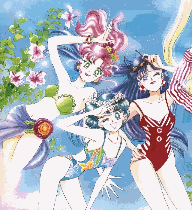 hino rei, kino makoto, mizuno ami, bishoujo senshi sailor moon, 1990s (style), flower, sarong, swimsuit
