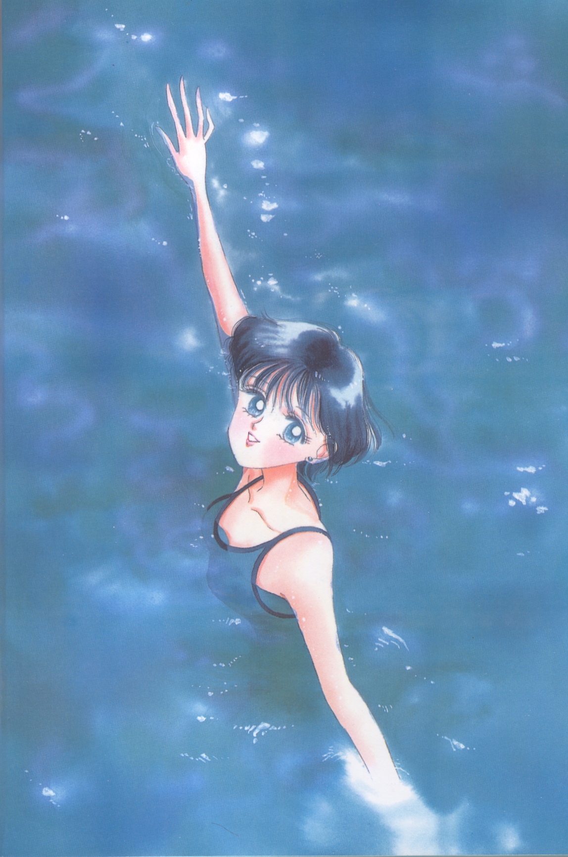 takeuchi naoko, mizuno ami, bishoujo senshi sailor moon, duplicate, highres, 1990s (style), 1girl, blue eyes, blue hair, earrings, female focus, jewelry, looking at viewer, matching hair/eyes, one-piece swimsuit, parted lips, retro artstyle, short hair, smile, solo, swimsuit, wading, water