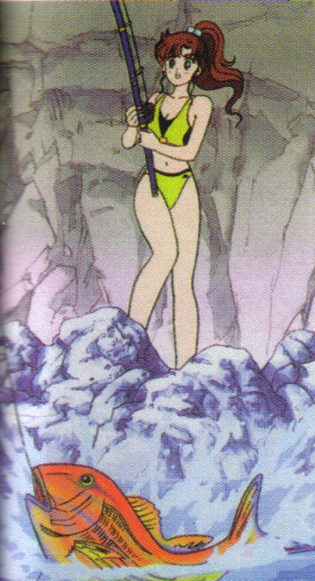kino makoto, bishoujo senshi sailor moon, 1990s (style), 1girl, bikini, female focus, fish, fishing, ponytail, solo, swimsuit