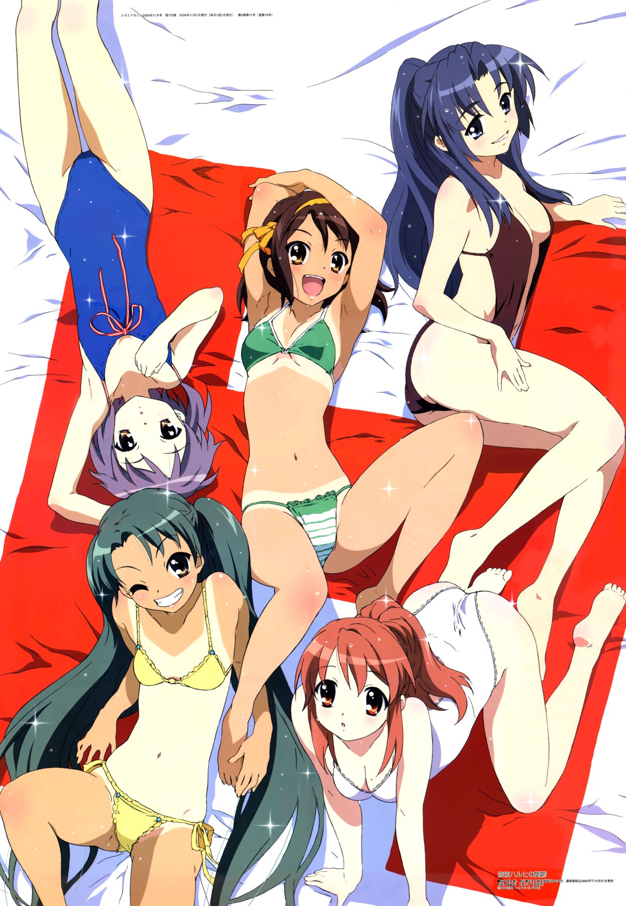 asahina mikuru, asakura ryoko, nagato yuki, suzumiya haruhi, tsuruya, suzumiya haruhi no yuuutsu, highres, tagme, 5girls, beach, bikini, blush, multiple girls, swimsuit