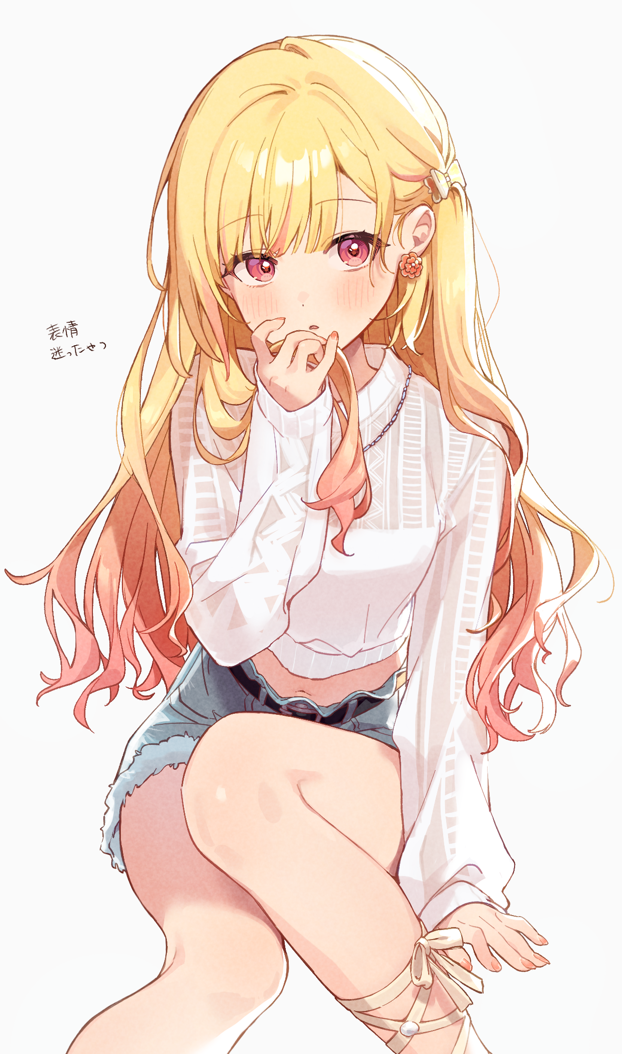uminokaisen, tenma saki, project sekai, commentary request, highres, 1girl, blonde hair, colorful festival (project sekai), denim, denim shorts, earrings, gradient hair, jewelry, light blush, long hair, long sleeves, midriff, multicolored hair, navel, official alternate costume, official alternate hairstyle, pink eyes, playing with own hair, shirt, short shorts, shorts, simple background, single earring, solo, white background, white shirt