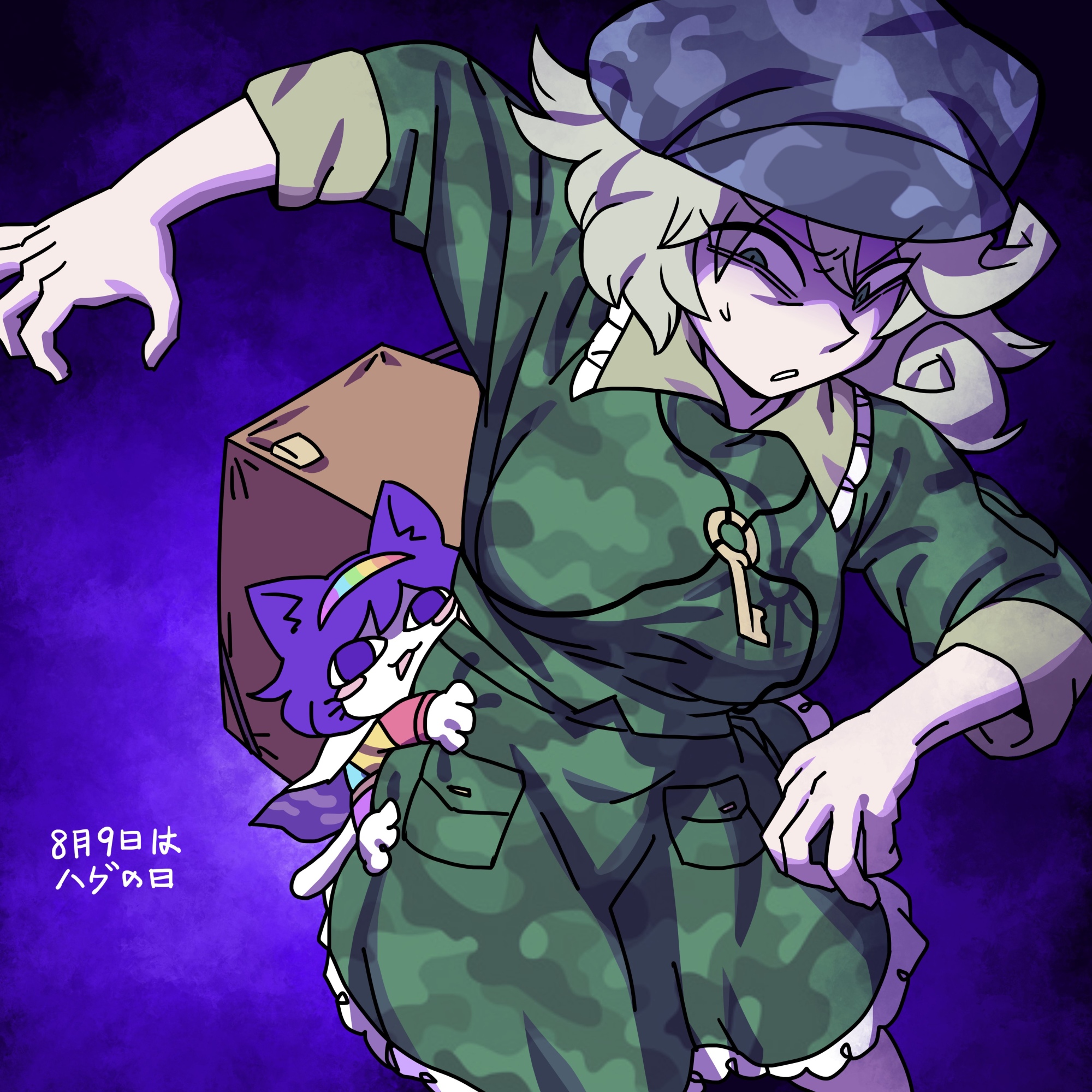 eddybird55555, tenkyuu chimata, yamashiro takane, touhou, unconnected marketeers, commentary, english commentary, highres, 2girls, animal ears, arms up, backpack, bag, blue background, blue eyes, blue hair, blush stickers, breasts, camouflage, camouflage hat, camouflage headwear, camouflage shirt, camouflage skirt, cape, cat ears, cat girl, cloak, collar, dress, eyes in shadow, flat cap, frilled collar, frilled skirt, frills, furrowed brow, green eyes, green hair, green hat, green shirt, hairband, hat, jewelry, key, key necklace, long sleeves, looking at another, looking down, looking up, medium breasts, medium hair, multicolored dress, multicolored hairband, multiple girls, necklace, no pupils, on person, open mouth, orange sleeves, patchwork clothes, pocket, purple eyes, purple hair, rainbow gradient, rainbow hairband, shirt, short hair, skirt, sleeves rolled up, sweat, v-shaped eyebrows, white cape, white cloak
