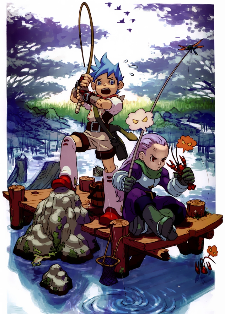 yoshikawa tatsuya, ryu (breath of fire iii), teepo, breath of fire, breath of fire iii, capcom, 2boys, anger vein, angry, blue eyes, blue hair, fingerless gloves, fishing, fishing rod, flying sweatdrops, gloves, male focus, multiple boys, nature, pink hair, red eyes, sitting, water