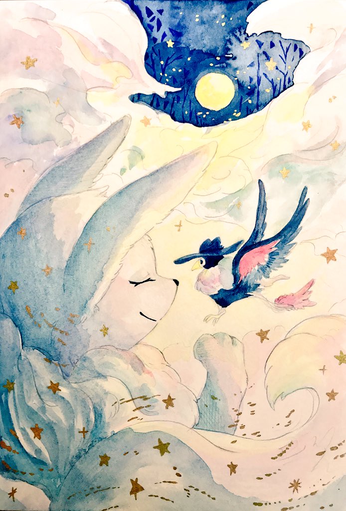 mint nappa, eevee, honchkrow, nintendo, pokemon, commentary request, painting (medium), traditional media, watercolor (medium), alternate color, bird, closed eyes, full moon, gen 1 pokemon, gen 4 pokemon, moon, night, no humans, pokemon (creature), shiny pokemon, smile, star (symbol), tree