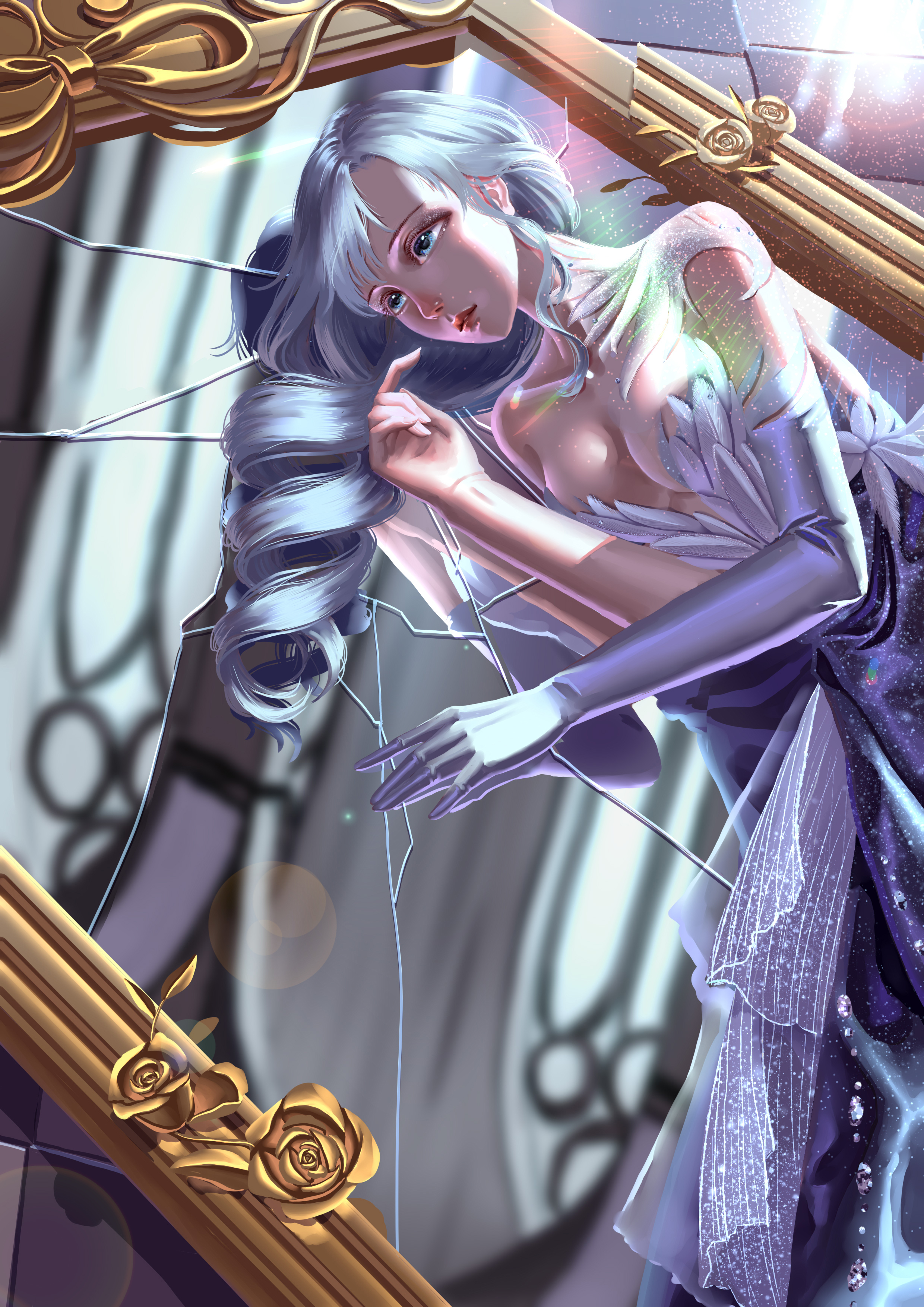 nikki (series), shining nikki, absurdres, chinese commentary, commentary request, highres, 1girl, aqunaqunyingfen, astral sonata (shining nikki), blue eyes, breasts, cleavage, closed mouth, collarbone, crack, cracked glass, day, dress, drill hair, elbow gloves, eyelashes, feet out of frame, gloves, gown, grey dress, grey gloves, grey hair, hair spread out, indoors, large breasts, lipstick, long dress, long hair, looking ahead, low neckline, lying, makeup, mirror, on side, picture frame, realistic, red lips, reflection, single bare shoulder, single elbow glove, solo, strapless, strapless dress, striped clothes, striped dress, vertical-striped clothes, vertical-striped dress, window