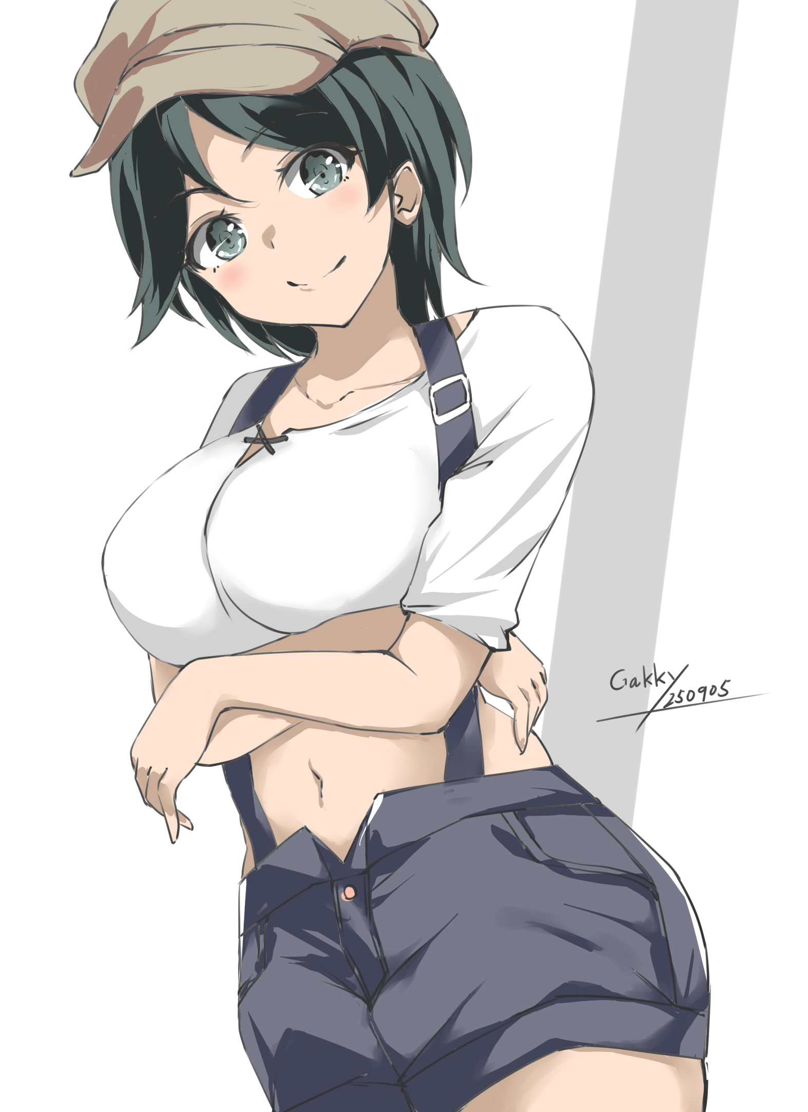 gakky, mogami (kancolle), kantai collection, highres, 1girl, alternate costume, artist name, beret, black hair, blush, breasts, cowboy shot, dated, dutch angle, hat, large breasts, looking at viewer, navel, one-hour drawing challenge, shirt, short hair, short sleeves, shorts, smile, solo, suspender shorts, suspenders, white background, white shirt