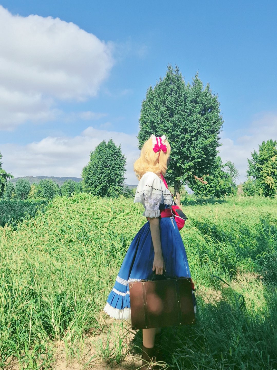 alice margatroid, touhou, cosplay photo, highres, photo (medium), 1girl, blonde hair, blue sky, cloud, from side, grass, hairband, medium hair, nature, outdoors, scenery, sinkai cos, sky, solo, suitcase, tall grass, tree