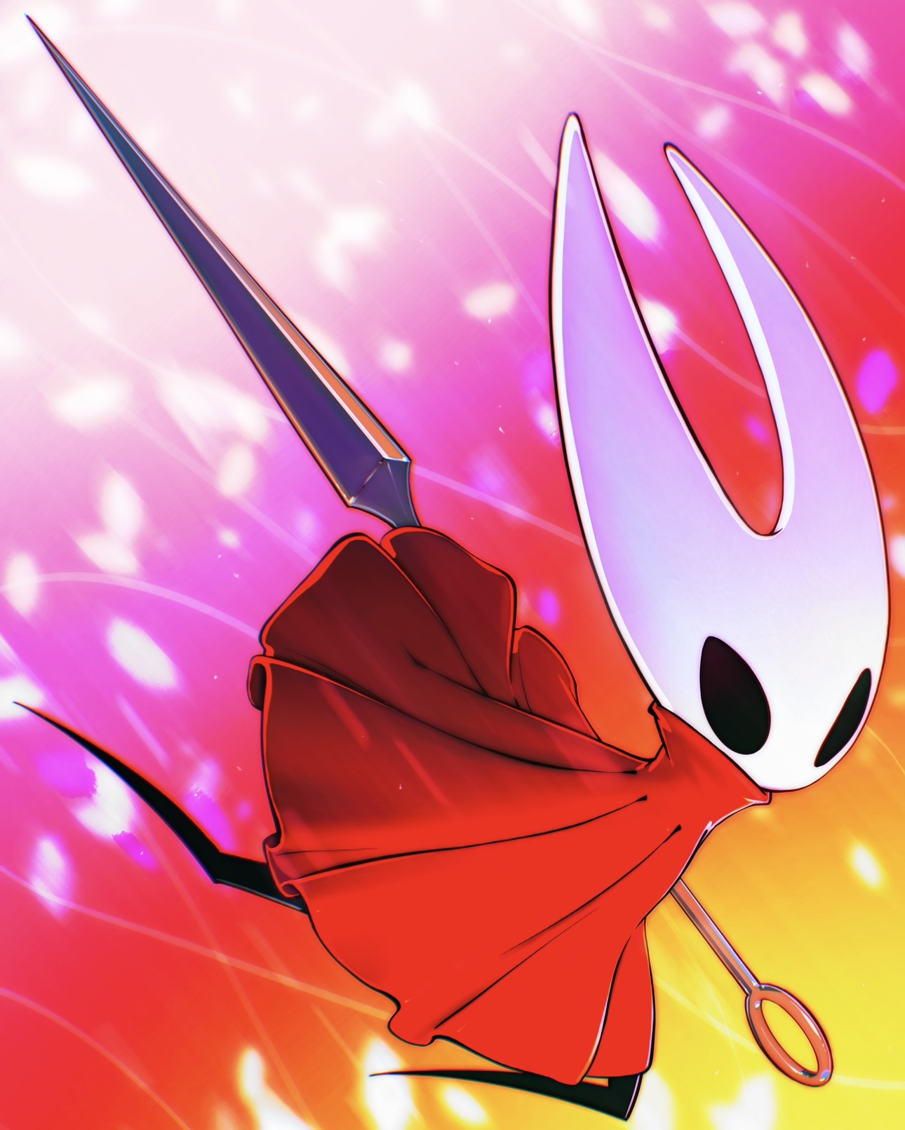 ilya kuvshinov, hornet (hollow knight), hollow knight, hollow knight: silksong, highres, 1girl, arthropod girl, black eyes, black skin, cloak, colored skin, gradient background, holding, holding weapon, hollow eyes, horned mask, mask, needle (hollow knight), red cloak, solo, weapon, white mask