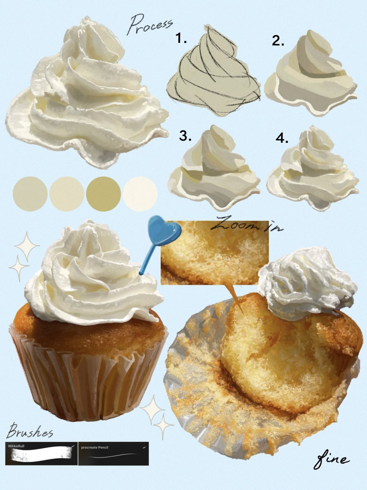 fine 9725, original, commentary, english commentary, highres, artist name, blue background, color guide, cupcake, food, food focus, numbered, pastry, whipped cream