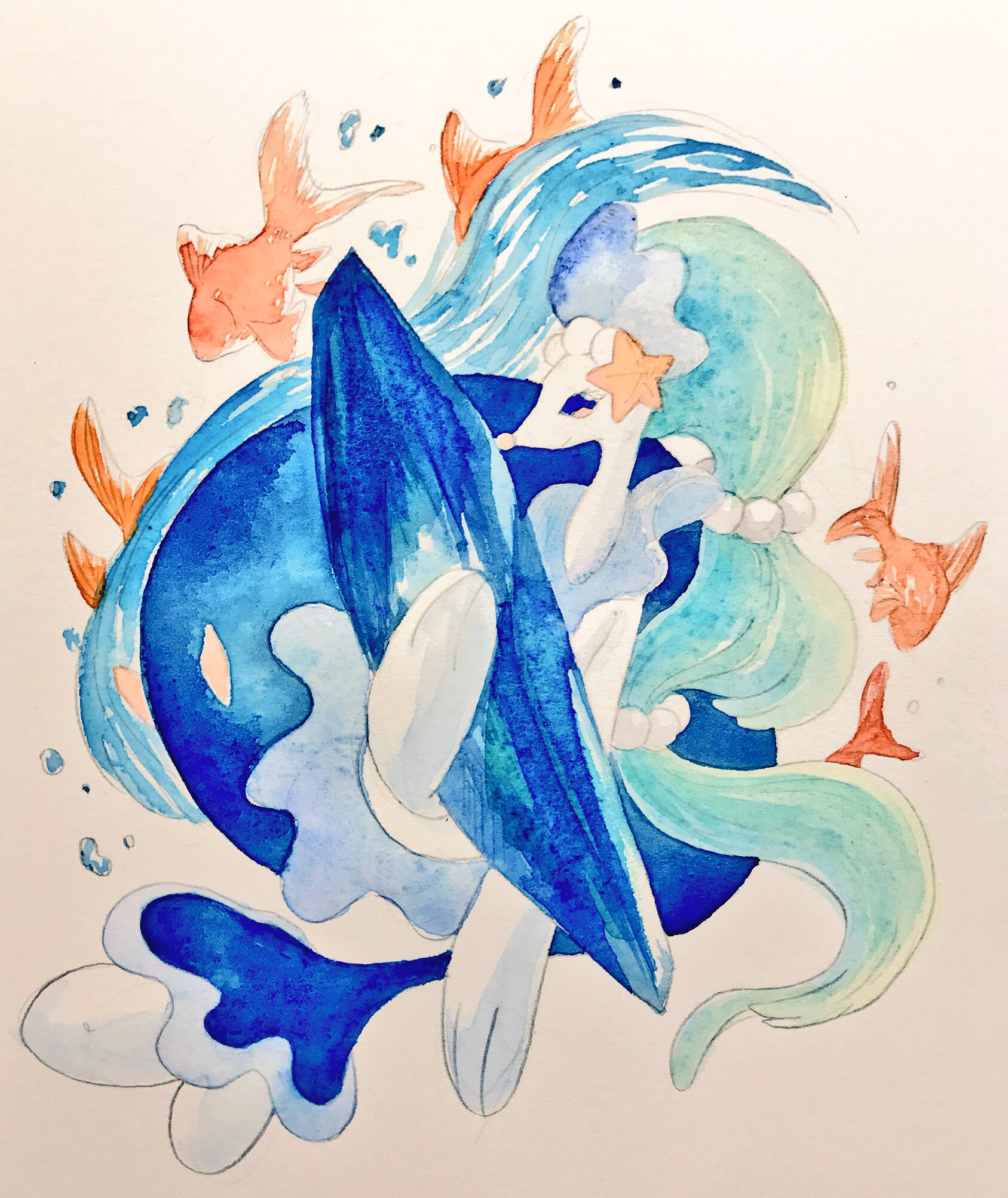 mint nappa, primarina, nintendo, pokemon, highres, painting (medium), traditional media, watercolor (medium), blue eyes, blue gemstone, evolution stone, evolutionary stone, fish, full body, gem, gen 7 pokemon, goldfish, no humans, pokemon (creature), simple background, smile, solo, water stone
