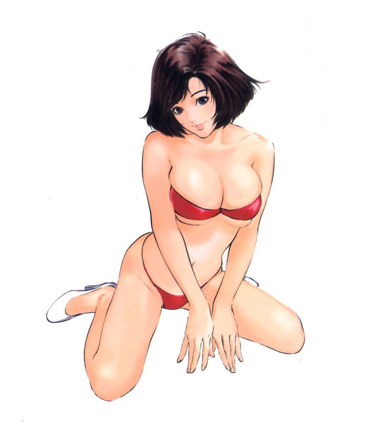 white footwear, artist request, character request, copyright request, 1girl, bikini, black eyes, breasts, brown hair, cleavage, collarbone, large breasts, looking at viewer, navel, red bikini, shoes, short hair, sitting, smile, swimsuit, white background