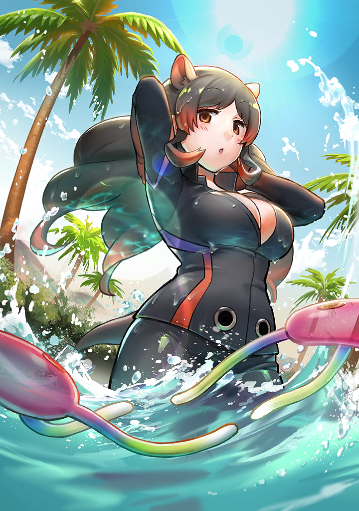 cellien (kemono friends), hippopotamus (kemono friends), kemono friends, kemono friends 3, official art, 1girl, animal ears, black hair, breasts, brown eyes, cleavage, extra ears, gloves, gradient hair, hippopotamus ears, large breasts, leather suit, long hair, looking at viewer, multicolored hair, open mouth, palm tree, red hair, tree, water
