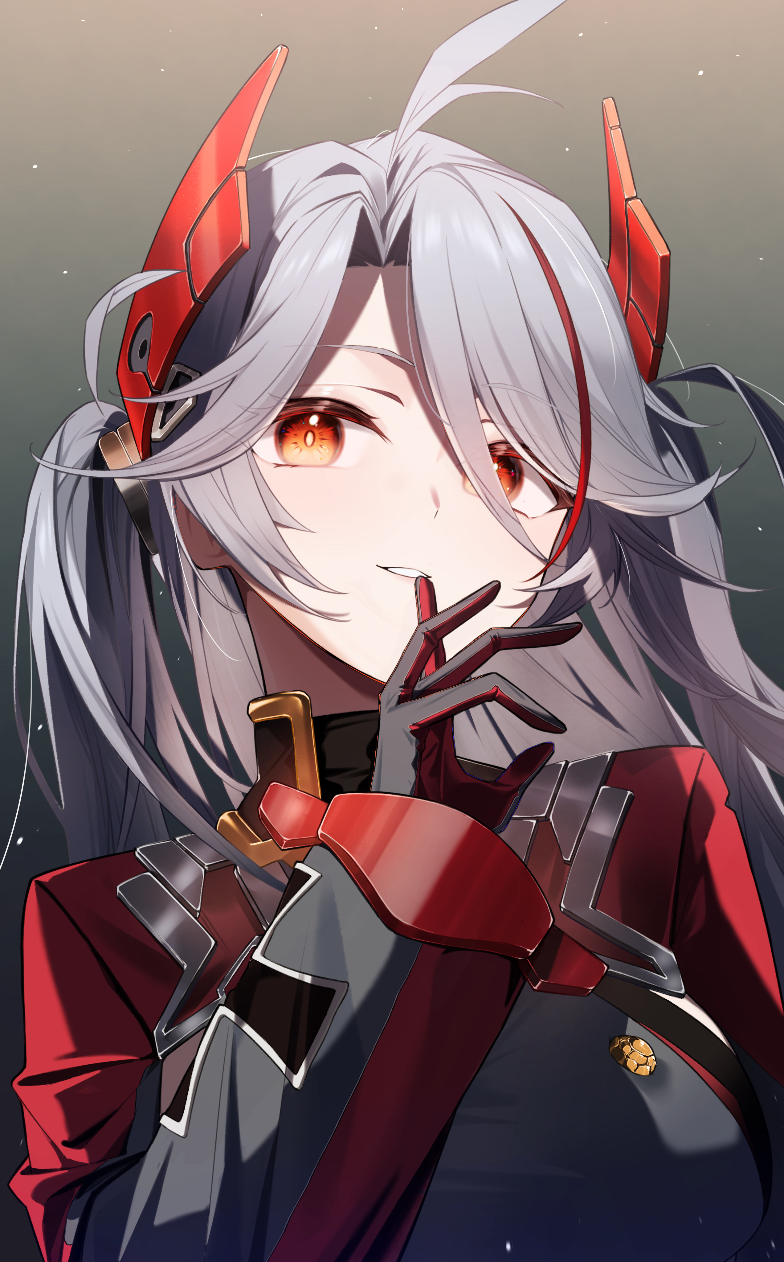 rubisco, prinz eugen (azur lane), azur lane, absurdres, highres, 1girl, black background, blush, breasts, gradient background, grey hair, hair between eyes, jacket, large breasts, long hair, looking at viewer, multicolored hair, red eyes, red hair, sideboob, smile, solo, streaked hair, two side up, upper body, very long hair