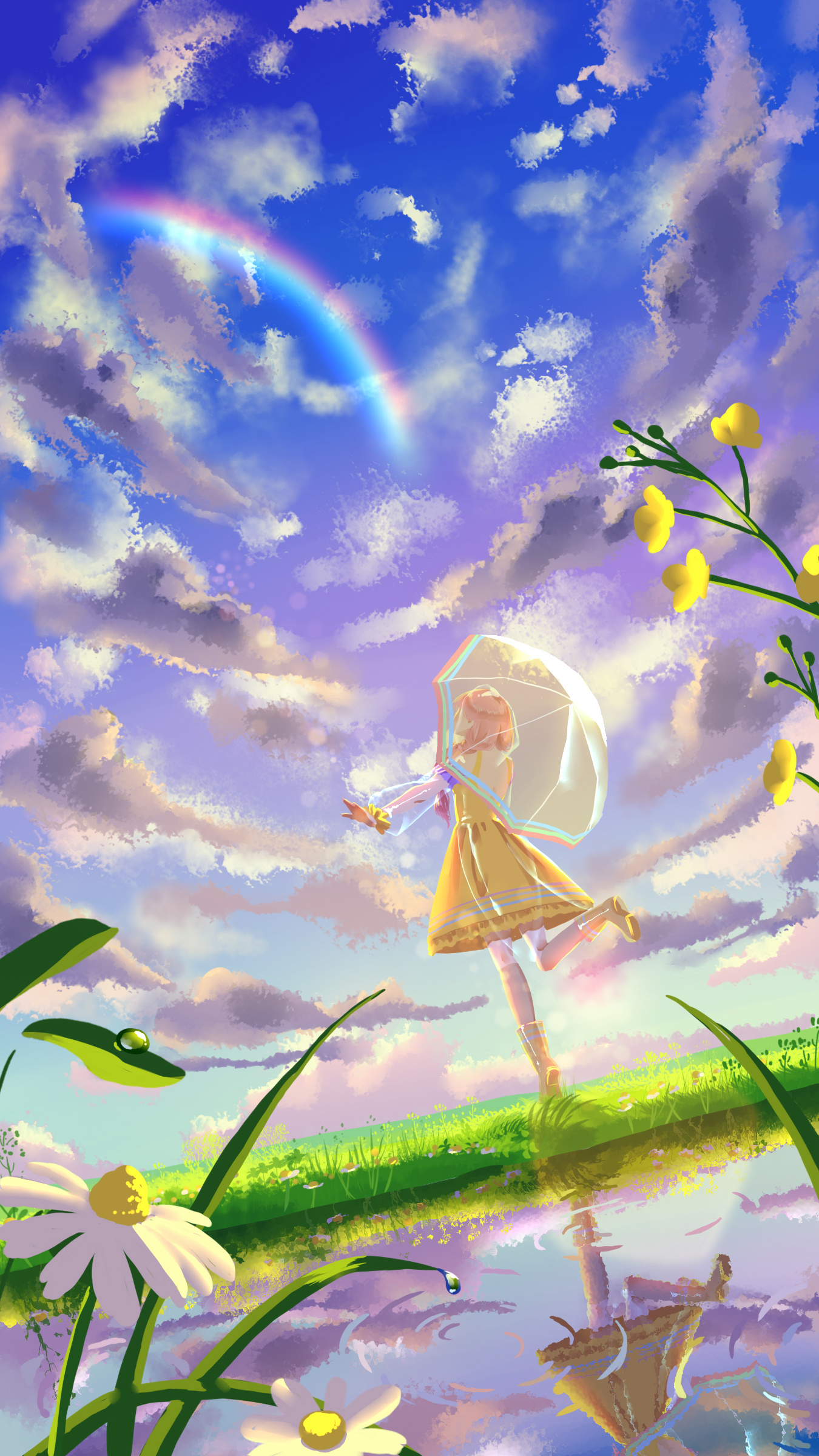 nikki (nikki), nikki (series), shining nikki, absurdres, highres, 1girl, aqunaqunyingfen, blue sky, boots, braid, cloud, daisy (flower), day, dew drop, dress, flower, frilled dress, frills, full body, grass, hair over shoulder, holding, holding umbrella, iridescent rain (shining nikki), lake, leg up, long hair, long sleeves, outdoors, over-kneehighs, pink hair, puffy long sleeves, puffy sleeves, rainbow print, reflection, reflective water, ripples, rubber boots, see-through clothes, see-through sleeves, shirt, short dress, sky, socks, solo, standing, thighhighs, transparent, transparent umbrella, twin braids, umbrella, umbrella over shoulder, water drop, white flower, white shirt, white socks, white umbrella, yellow boots, yellow dress