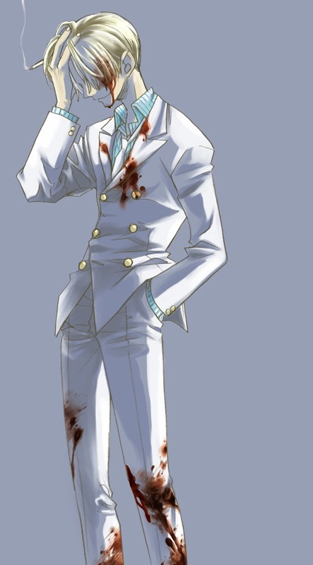 sanji (one piece), one piece, 1boy, blonde hair, blood, blue background, cigarette, formal clothes, grey background, hair over one eye, hand in pocket, injury, male focus, necktie, pants, simple background, smoking, solo, standing, suit, white pants, white suit