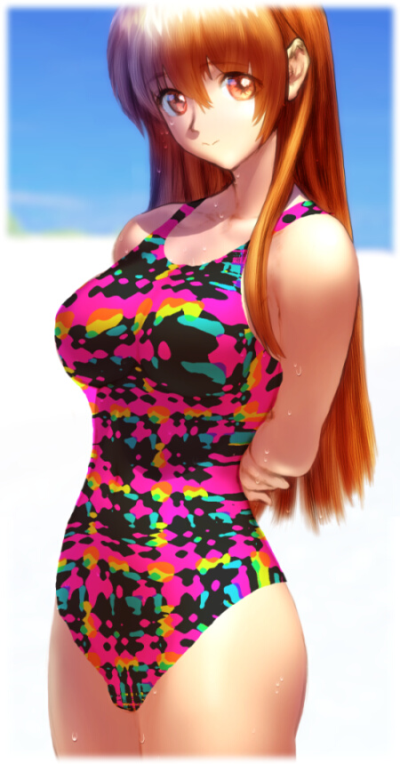 character request, tagme, 1girl, long hair, multicolored swimsuit, one-piece swimsuit, swimsuit