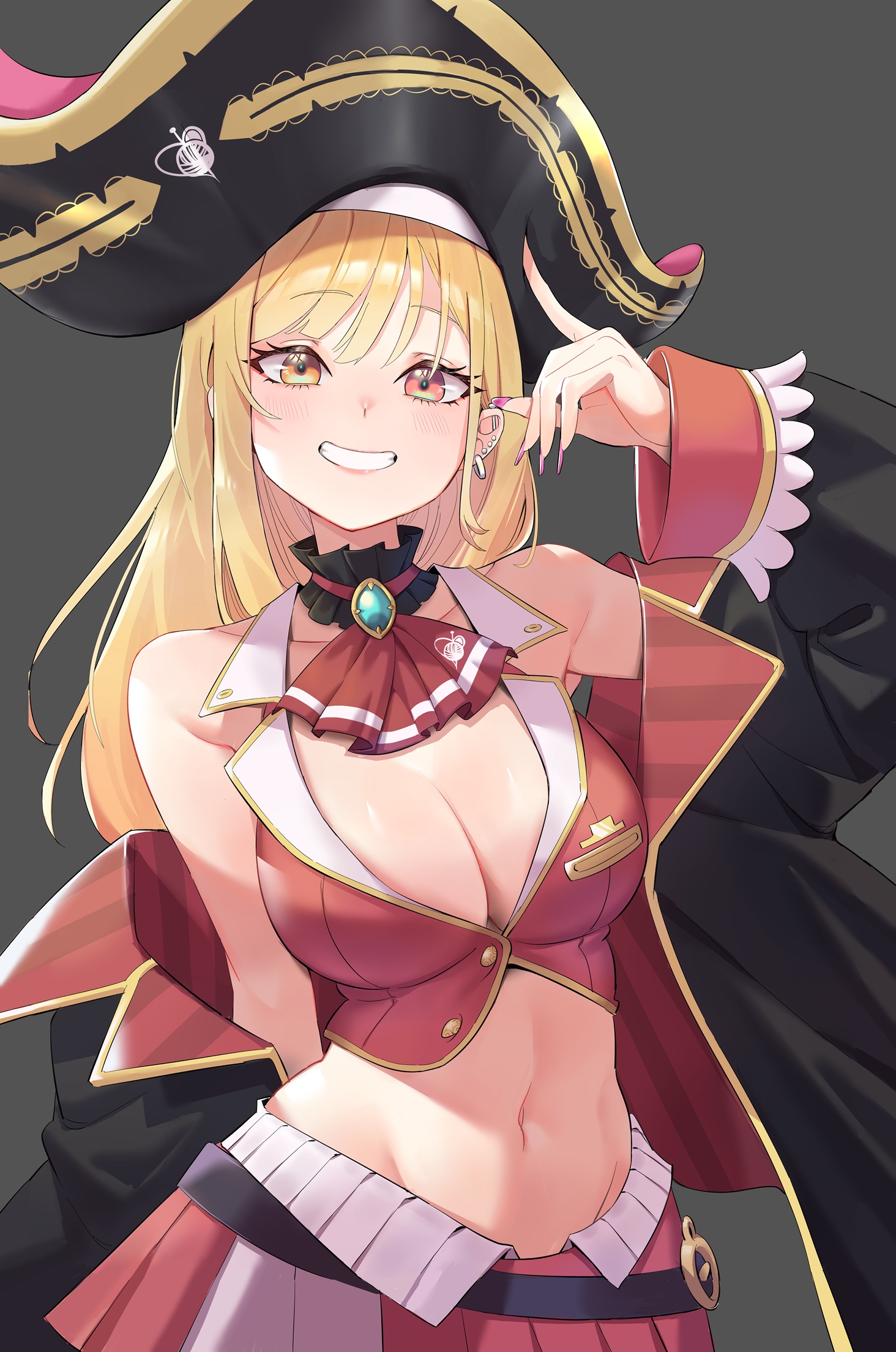bygin, houshou marine, houshou marine (1st costume), kitagawa marin, hololive, sono bisque doll wa koi wo suru, highres, bare shoulders, bicorne, black coat, black hat, blonde hair, breasts, cleavage, coat, cosplay, cowboy shot, cropped jacket, grey background, hat, heterochromia, houshou marine (cosplay), jacket, large breasts, long hair, miniskirt, open clothes, open coat, pleated skirt, red eyes, red jacket, red skirt, simple background, skirt, yellow eyes