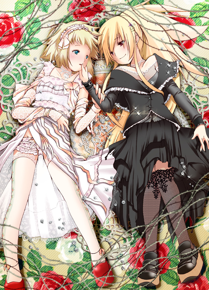 fujisaki hikari, jet coaster girl, kosaka riyu, bemani, dance dance revolution, gitadora, 2girls, blonde hair, dress, flower, gothic lolita, lace, lingerie, lolita fashion, long hair, multiple girls, rose, short hair, thighhighs, thorns, underwear, yuri