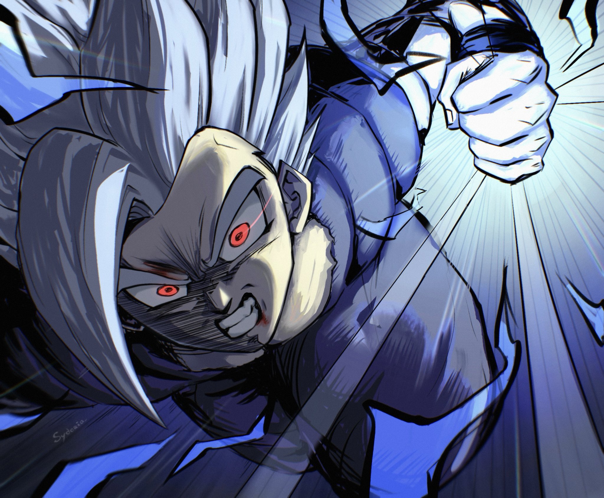 sydoria, gohan beast, son gohan, dragon ball, dragon ball super, dragon ball super super hero, highres, 1boy, clenched hand, clenched teeth, dougi, grey hair, incoming attack, incoming punch, long hair, male focus, pants, punching, purple pants, purple shirt, red eyes, shirt, solo, spiked hair, teeth